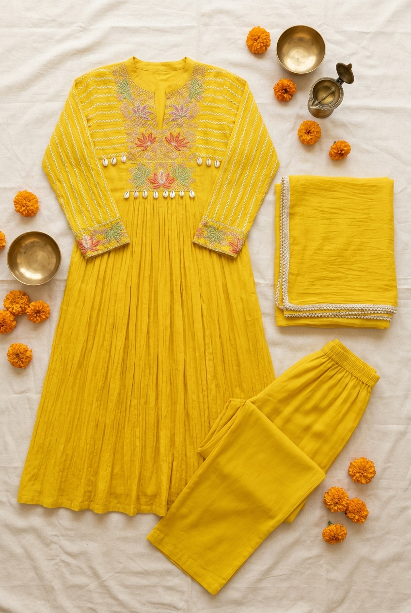 Gulnaar Mul Chanderi Embroidered Yellow 3-Piece Set (Devri – D.No 21087)