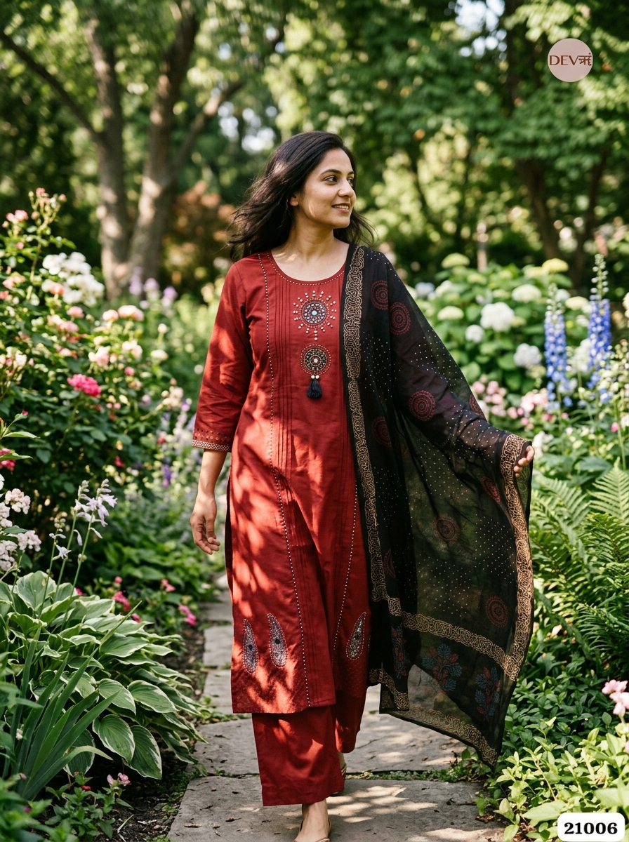 Ishani Cotton Embroidered Maroon 3-Piece Set (Devri – D.No 21006)