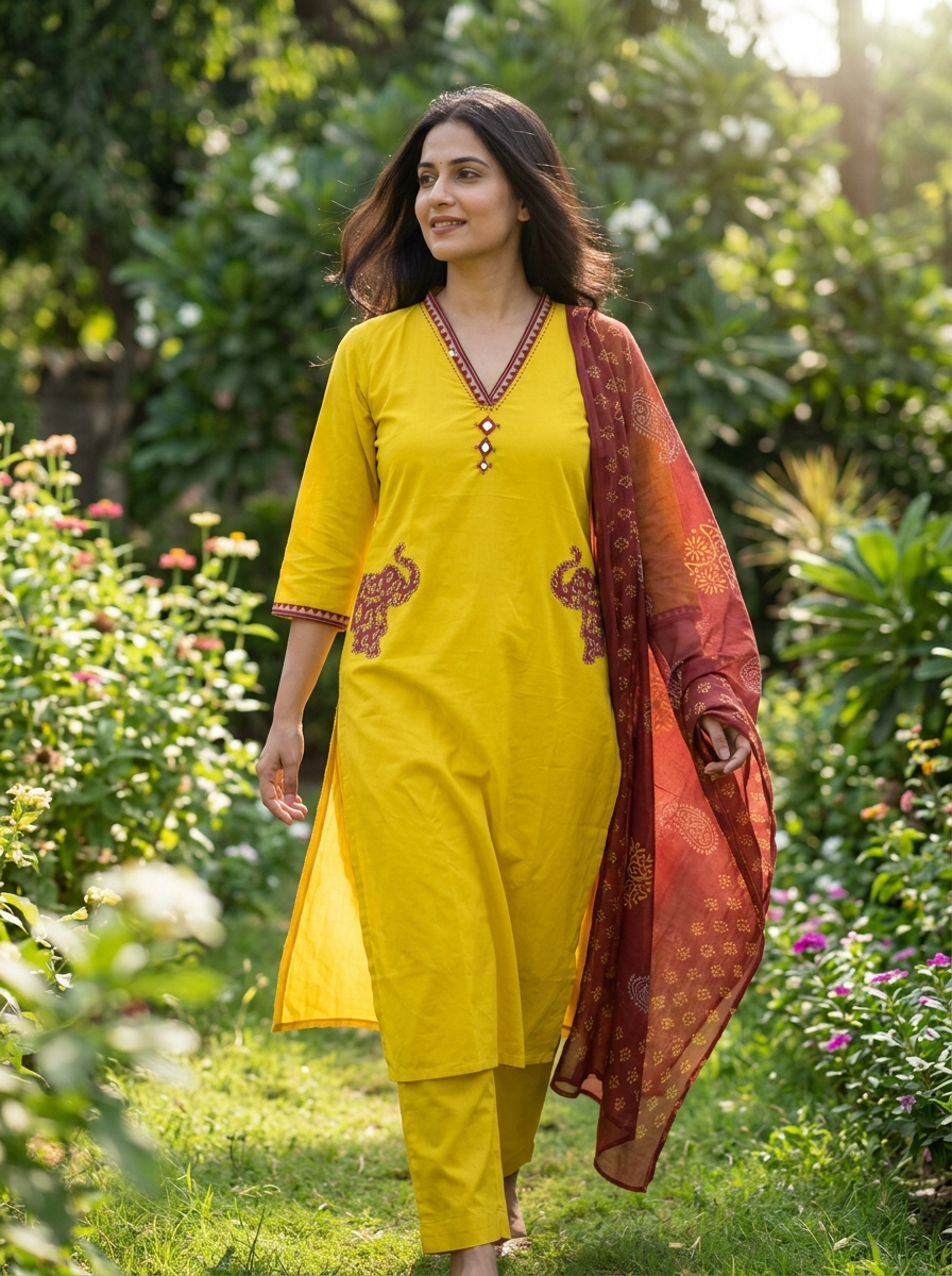 Jivika Cotton Printed Mustard 3-Piece Set (Devri – D.No 21005)