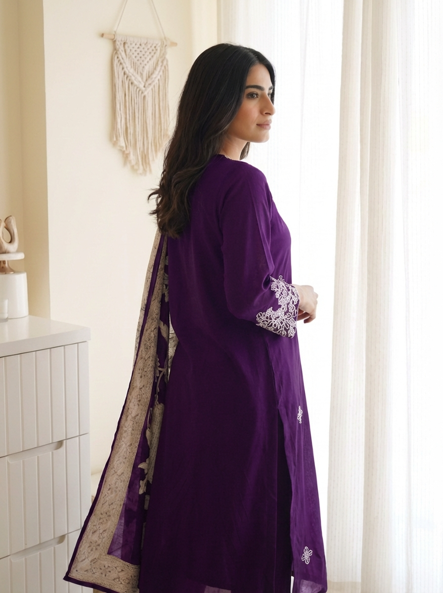 Purple Embroidered Muslin 3-Piece Set - {2022}
