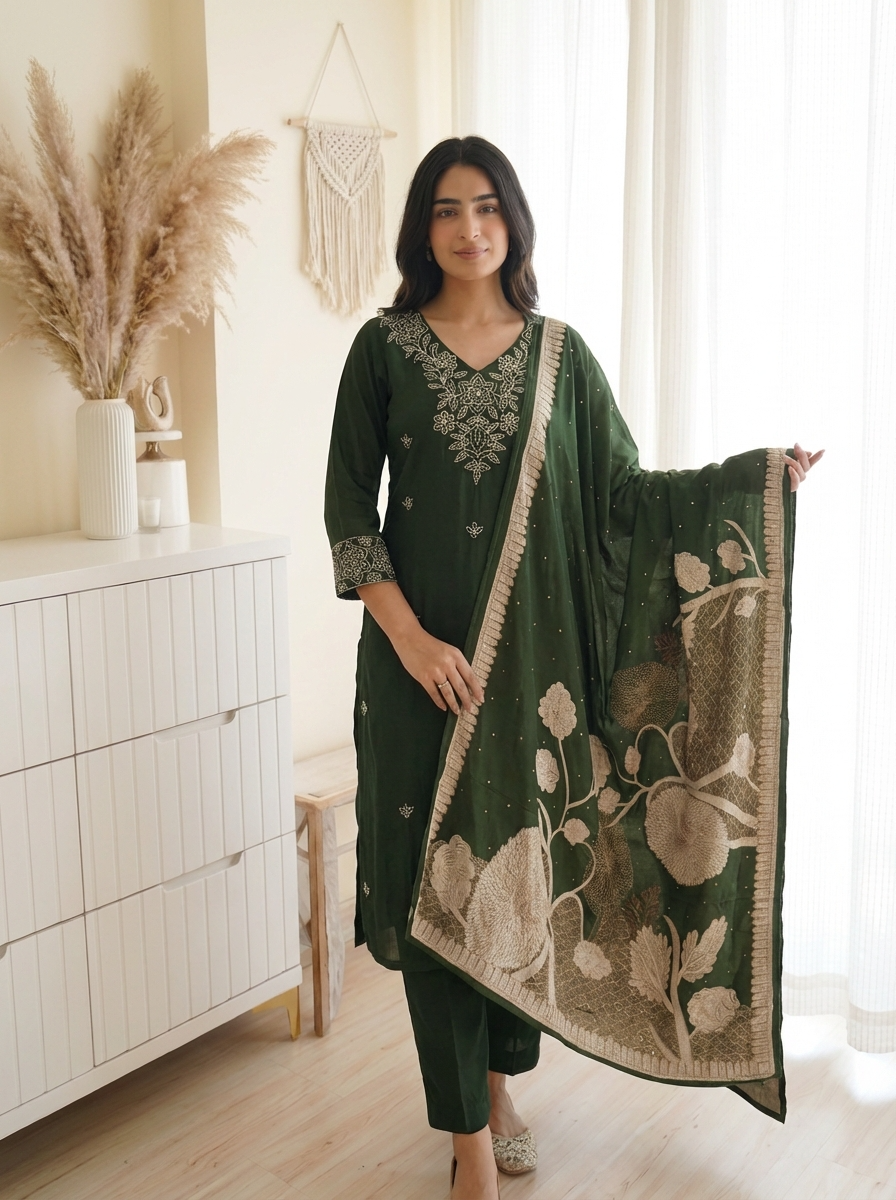 Olive Green Embroidered Muslin 3-Piece Set - {2021}