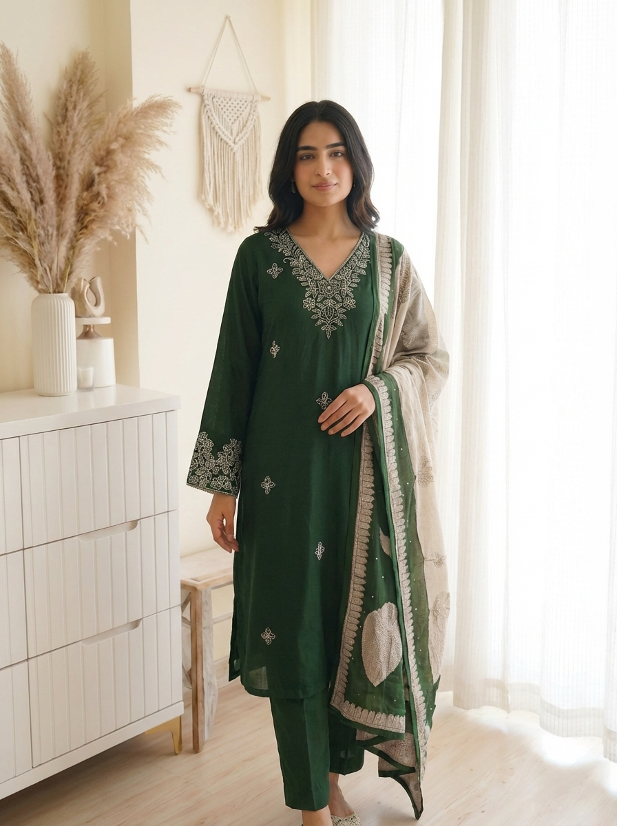 Olive Green Embroidered Muslin 3-Piece Set - {2021}