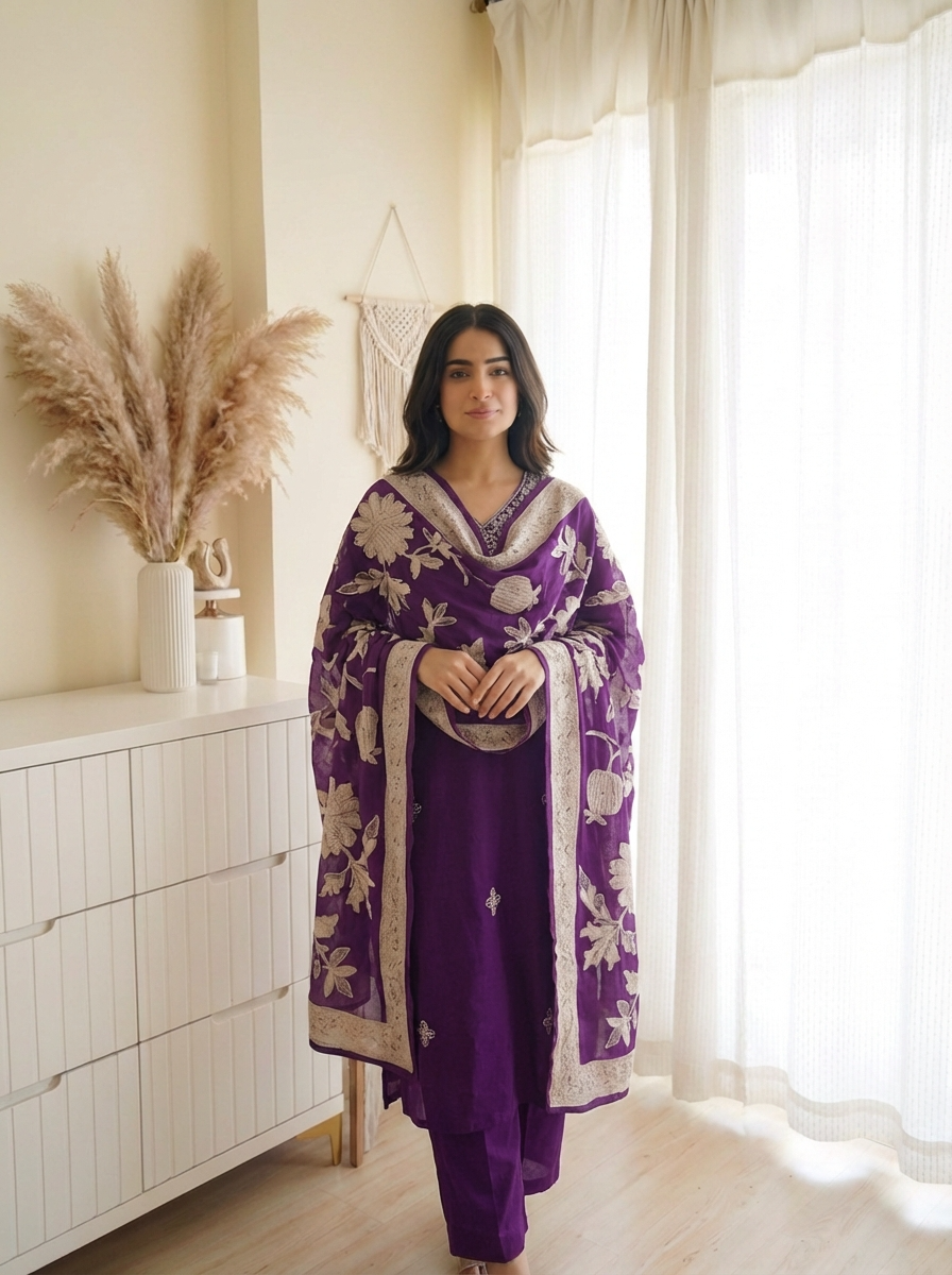 Purple Embroidered Muslin 3-Piece Set - {2022}