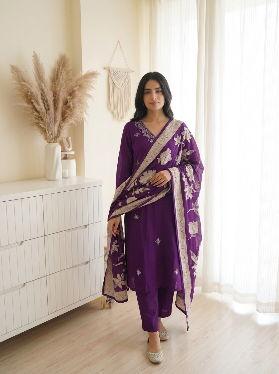 Purple Embroidered Muslin 3-Piece Set - {2022}