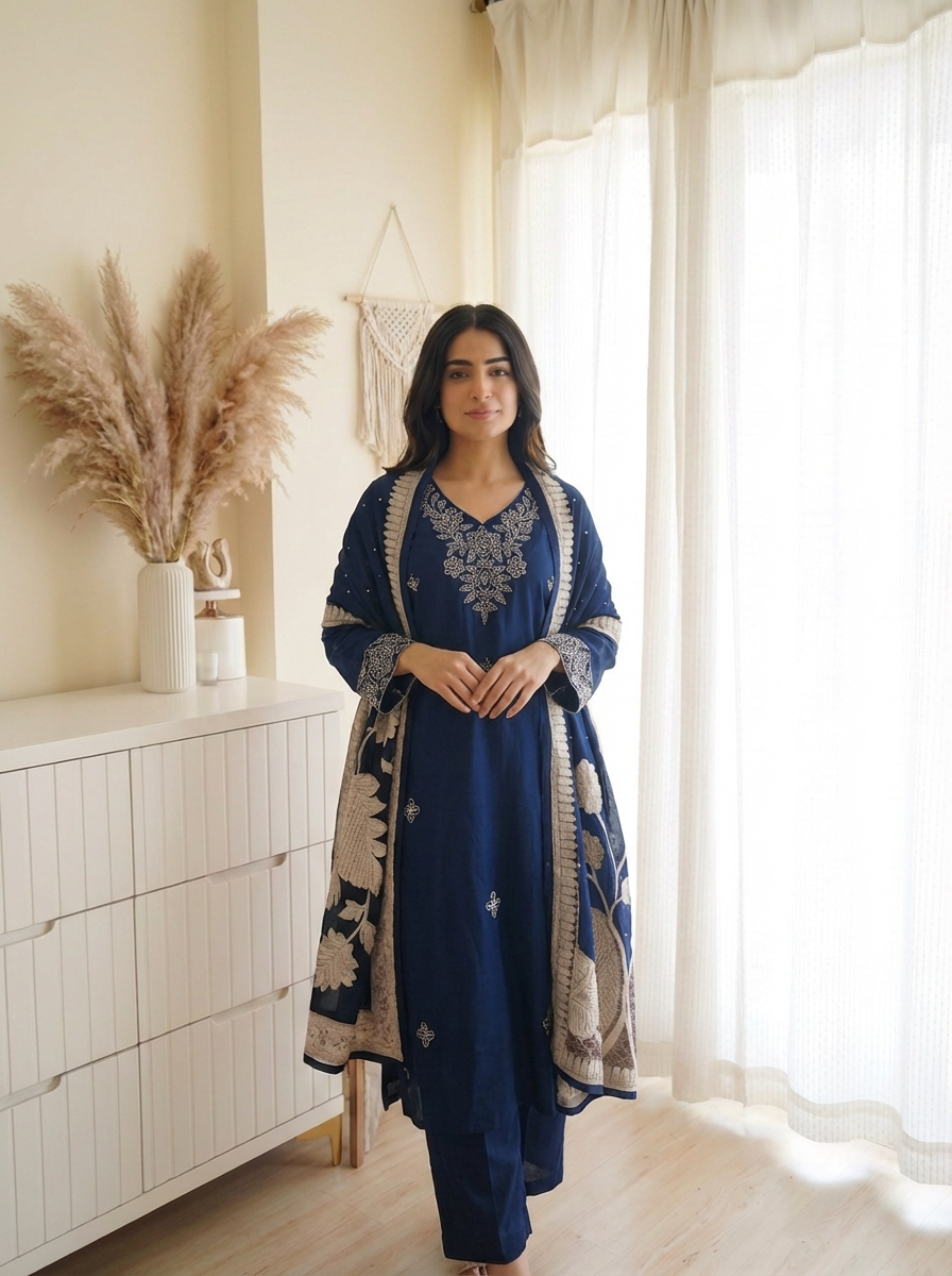 Navy Blue Embroidered Muslin 3-Piece Set - {2020}