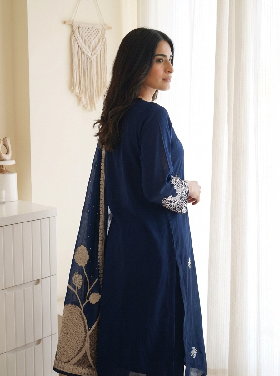 Navy Blue Embroidered Muslin 3-Piece Set - {2020}