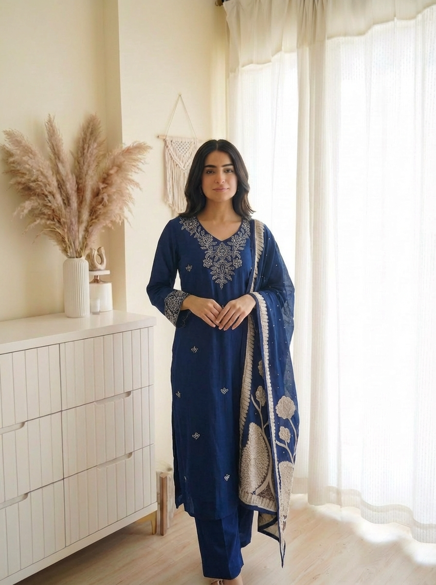 Navy Blue Embroidered Muslin 3-Piece Set - {2020}
