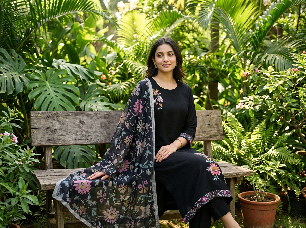 Kavyanjali Cotton Embroidered Black 3-Piece Set (Devri – D.No 21007)