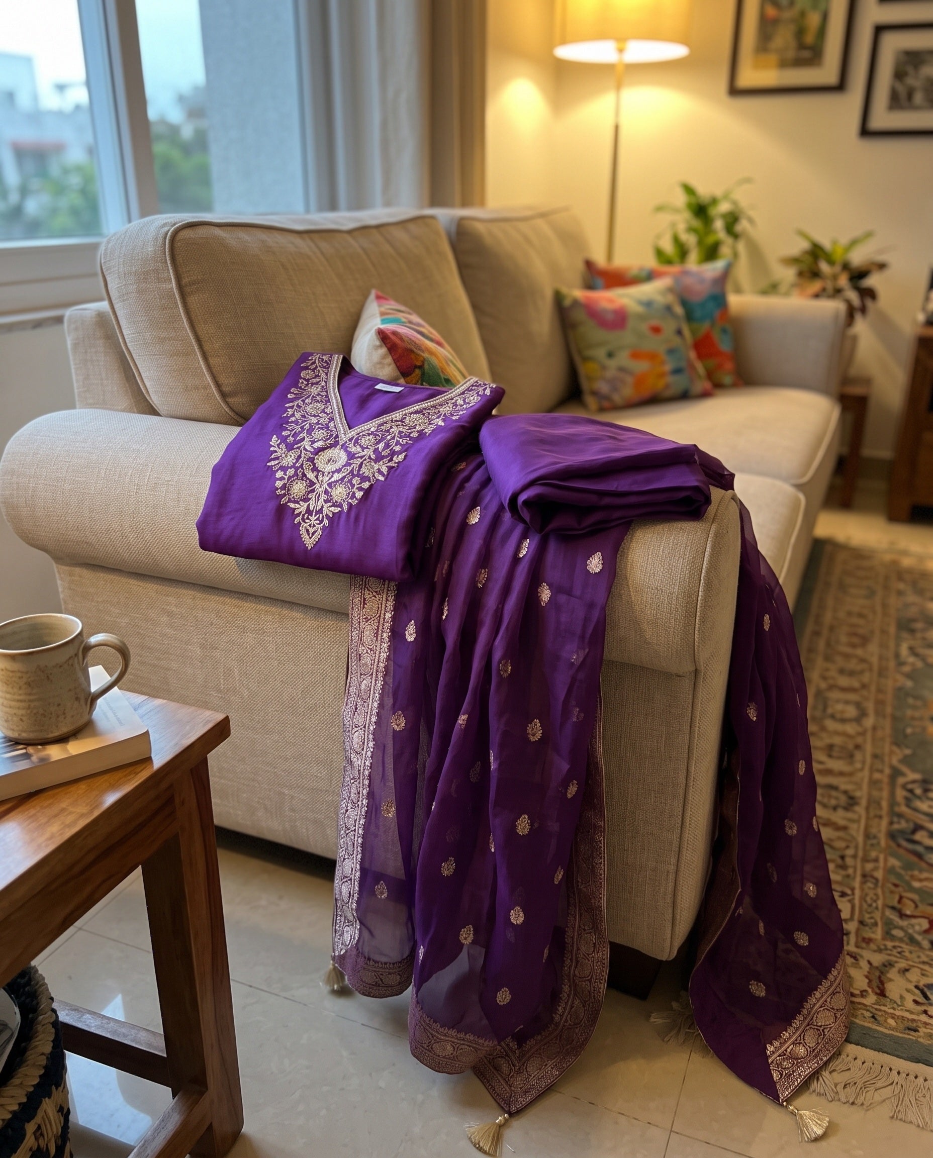 Purple Silk Unstitched Hand Embroidered -Set Of 3 {11290}