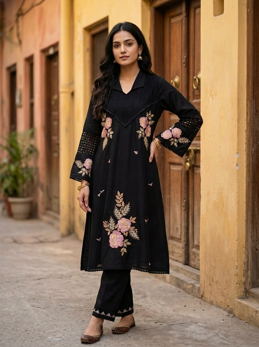 Zehra German Reyon Embroidered Black 2-Piece Set (Devri – D.No 20064)