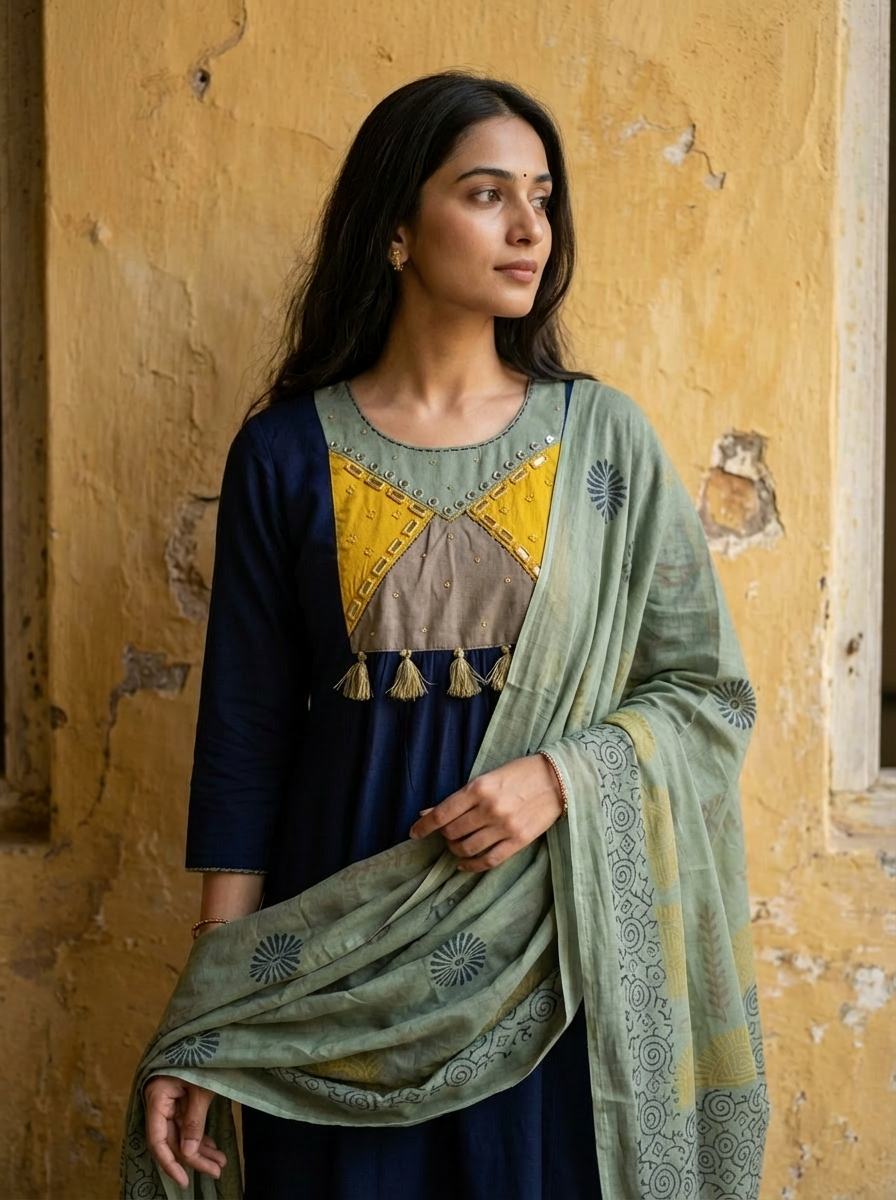Amara Cotton Embroidered Navy Blue 3-Piece Set (Devri – D.No 21008)