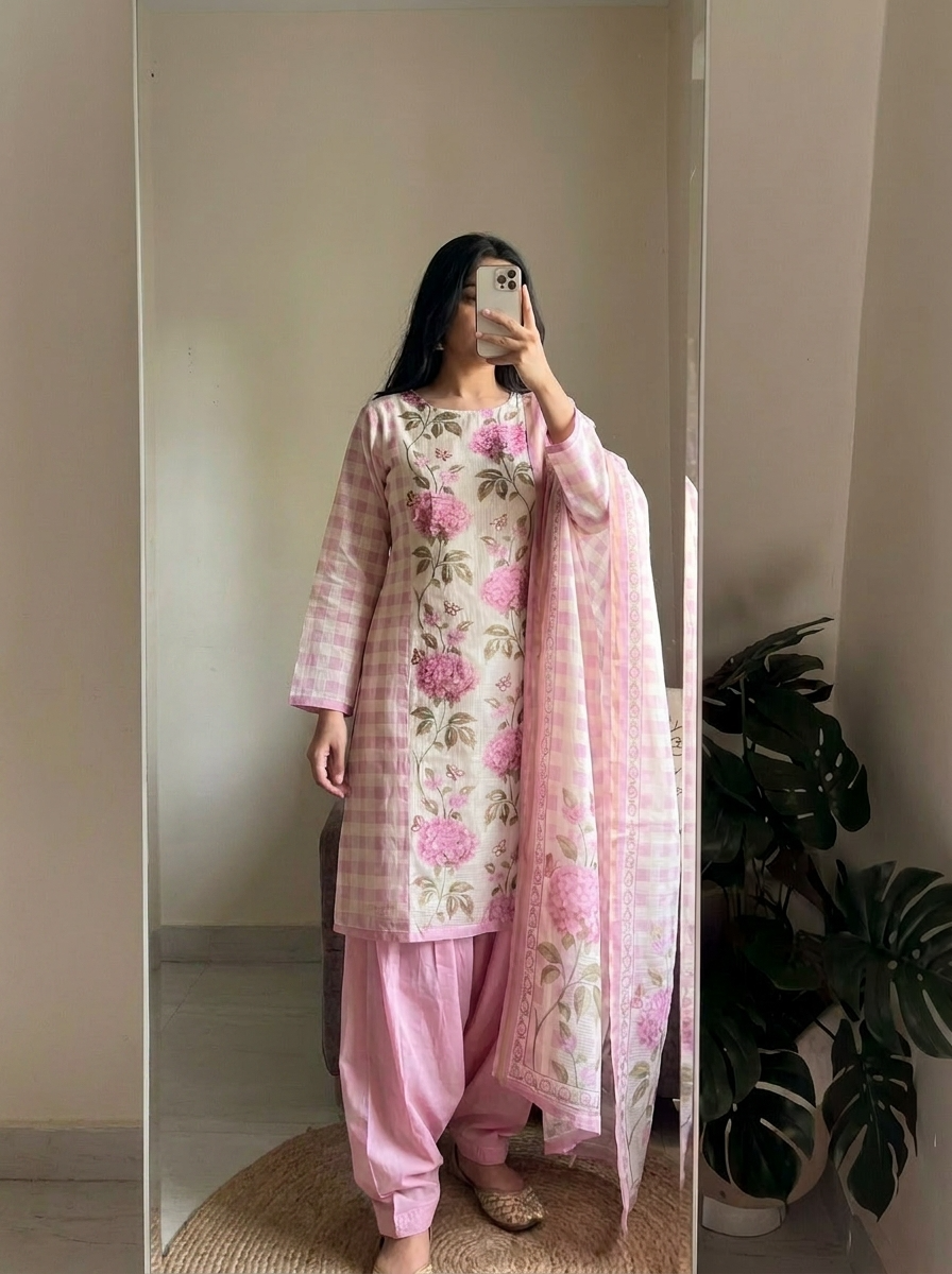 Pink Kota Printed Unstitched 3-Piece Suit (Devri – D.No 13161)