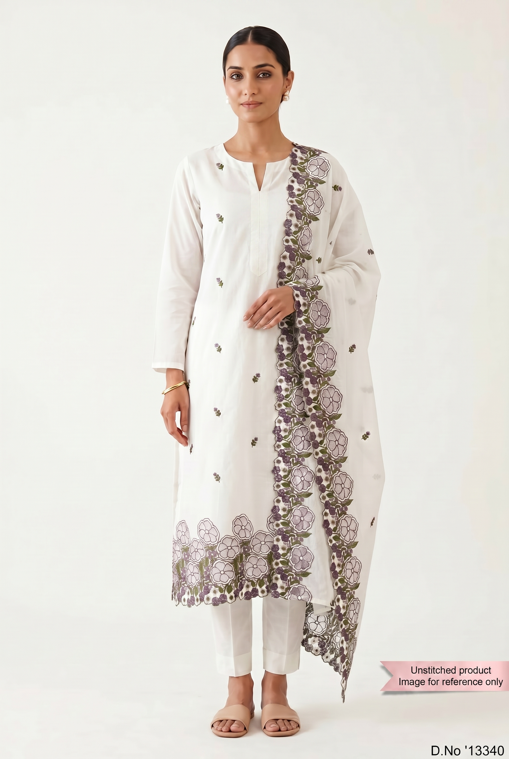 Off White Mul Chanderi Embroidered Unstitched 3-Piece Suit (Devri – D.No 13340)