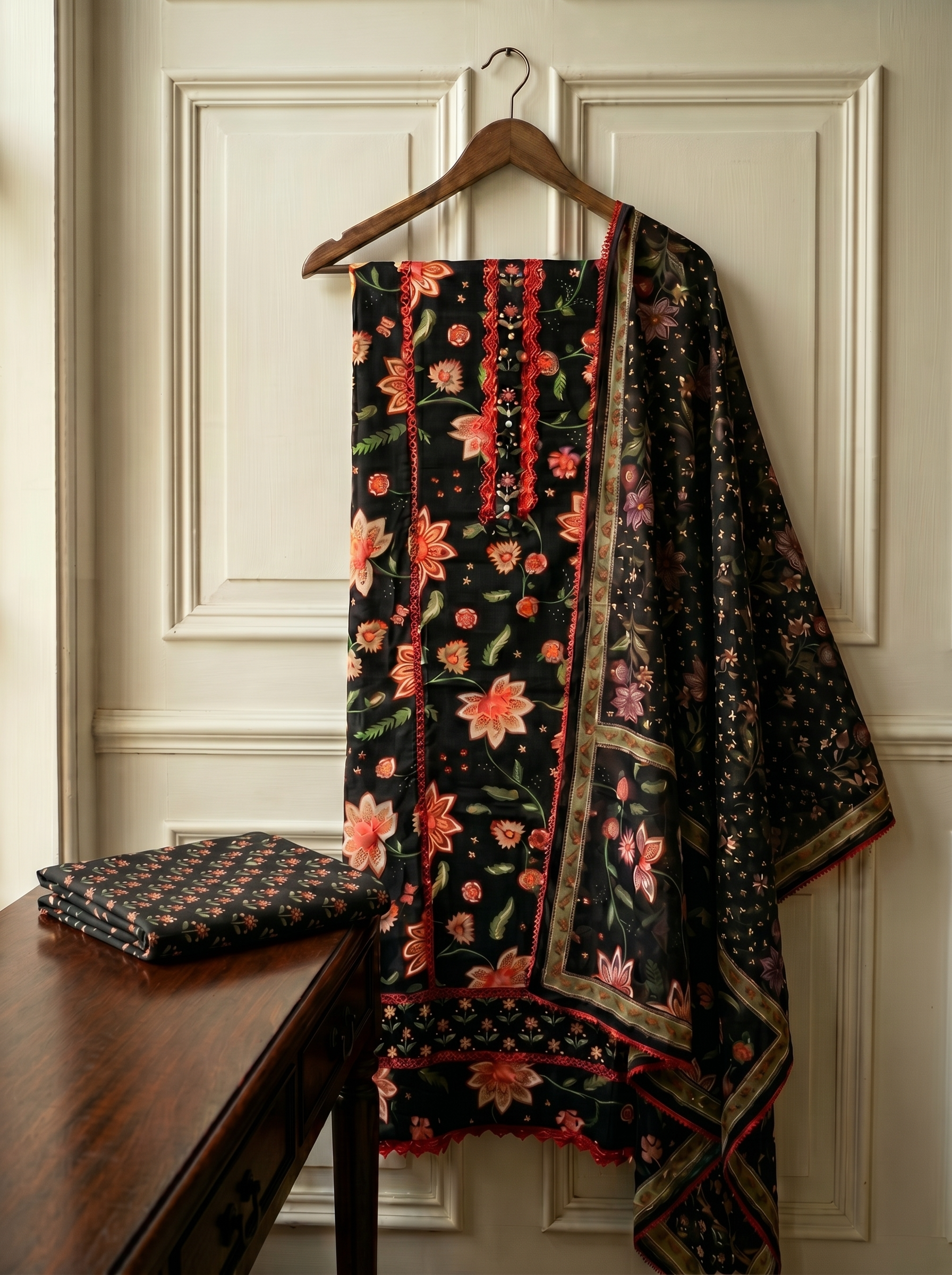 Black Cotton Printed Unstitched 3-Piece Suit (Devri – D.No 13270)