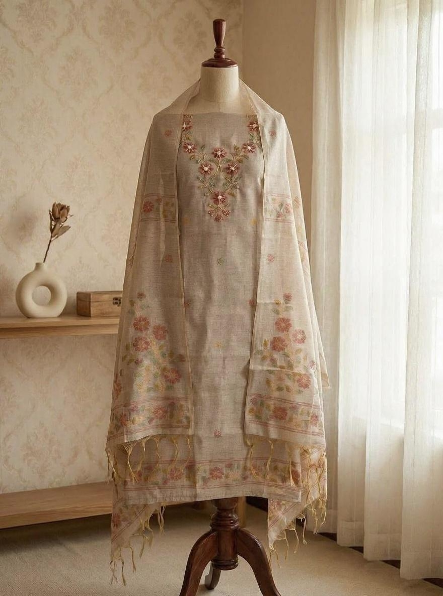 Beige Jamdani Cotton Printed Unstitched 3-Piece Suit (Devri – D.No 12923)