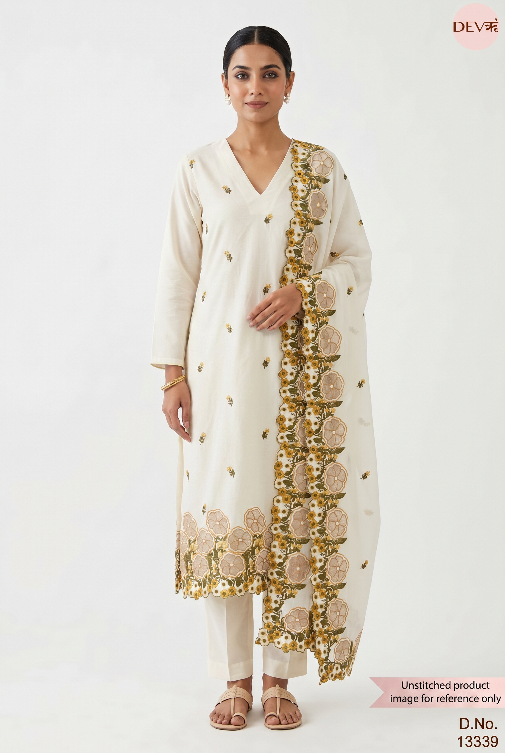 Off White Mul Chanderi Embroidered Unstitched 3-Piece Suit (Devri – D.No 13339)