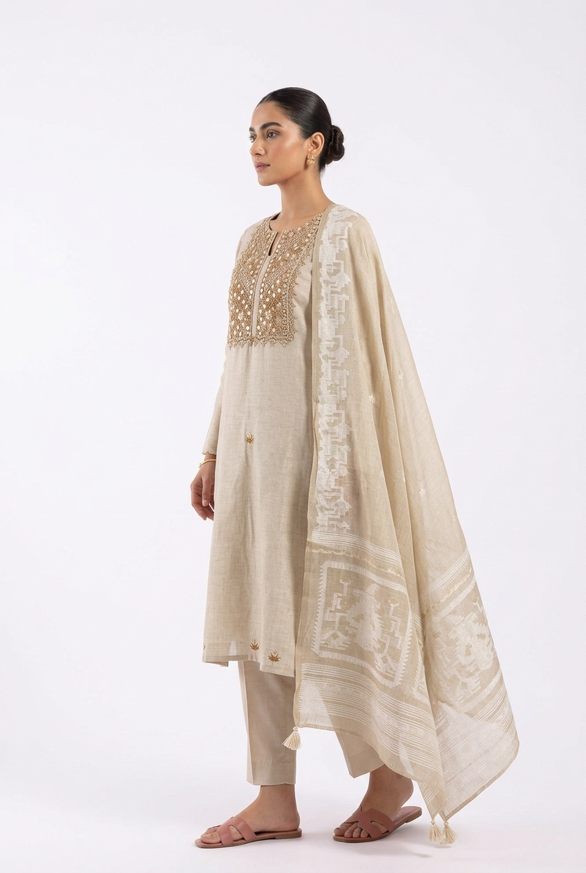 Beige Mul Chanderi Embroidered Unstitched 3-Piece Suit (Devri – D.No 12659)