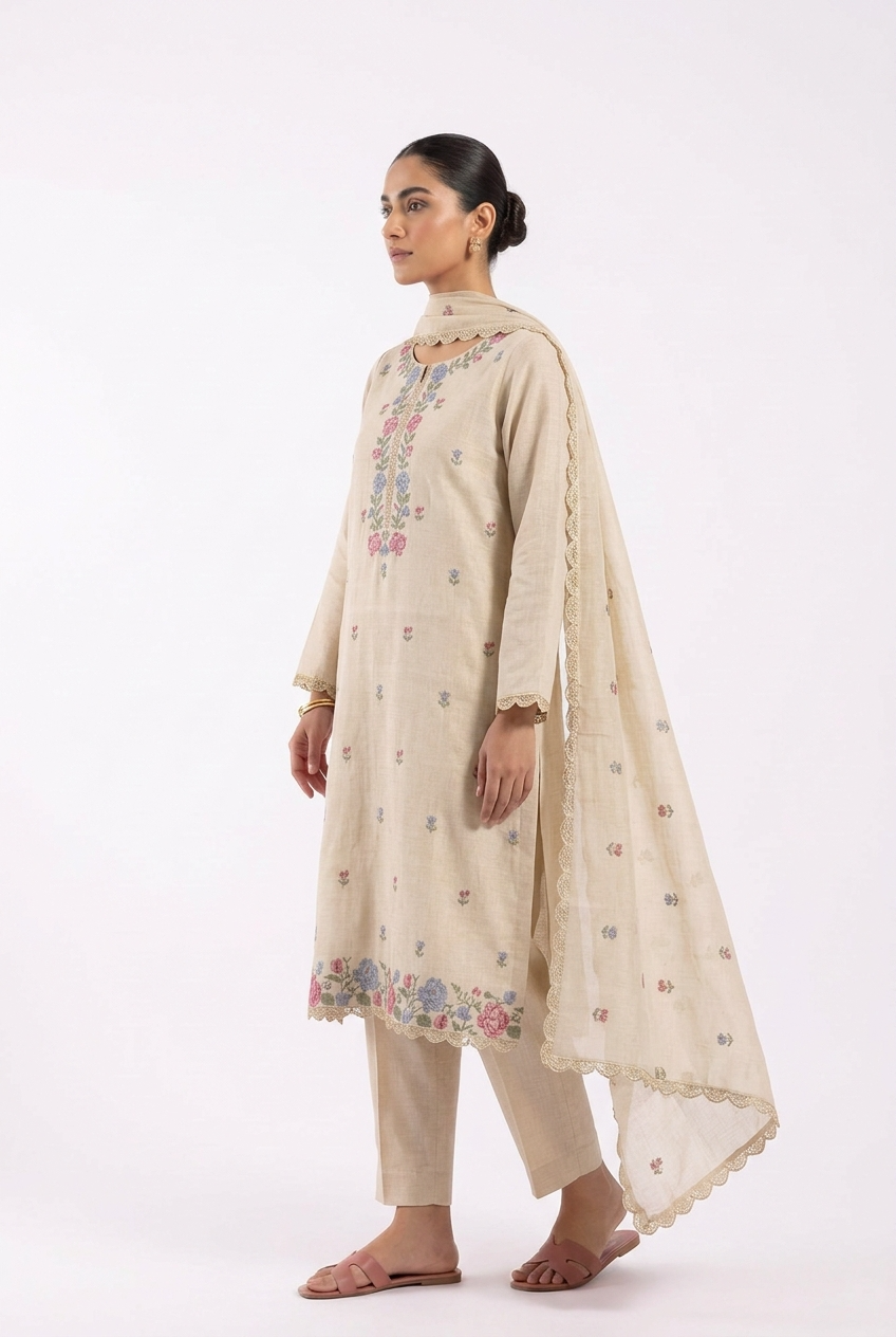 Beige Mul Chanderi Embroidered Unstitched 3-Piece Suit (Devri – D.No 12893)