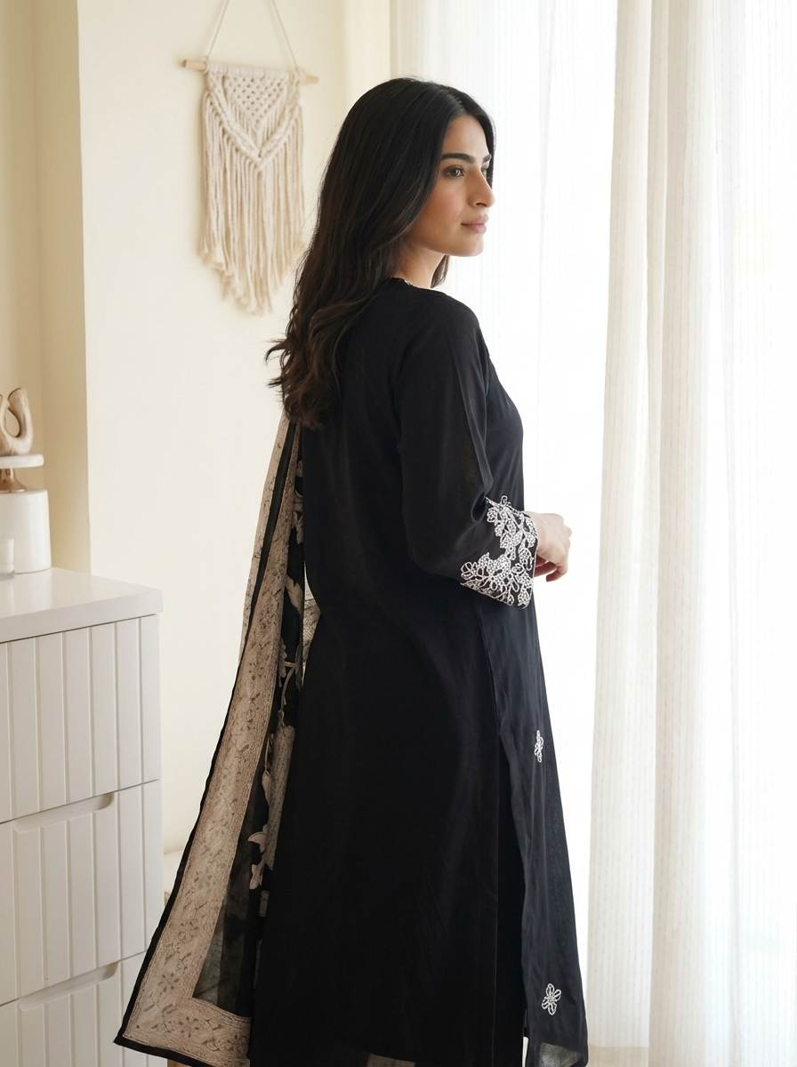 Black Embroidered Muslin 3-Piece Set - {2023}