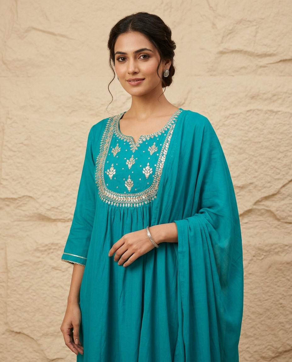 Emerald Glow Mul Chanderi 3-Piece Set {1025}