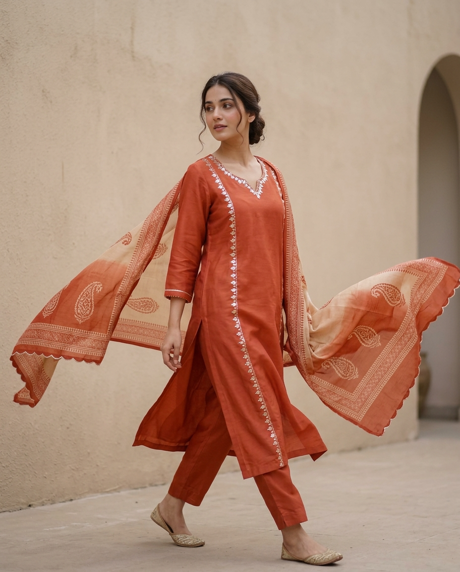 Rust Glow Mul Chanderi 3-Piece Set {1020}