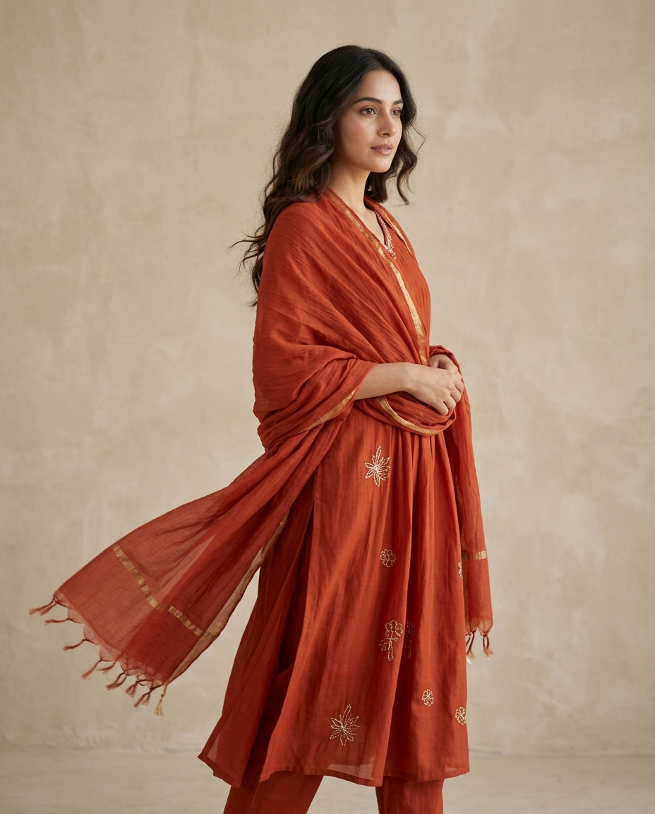 Sangria rust Mul Chanderi Embroidered 3-Piece Set - {1080}