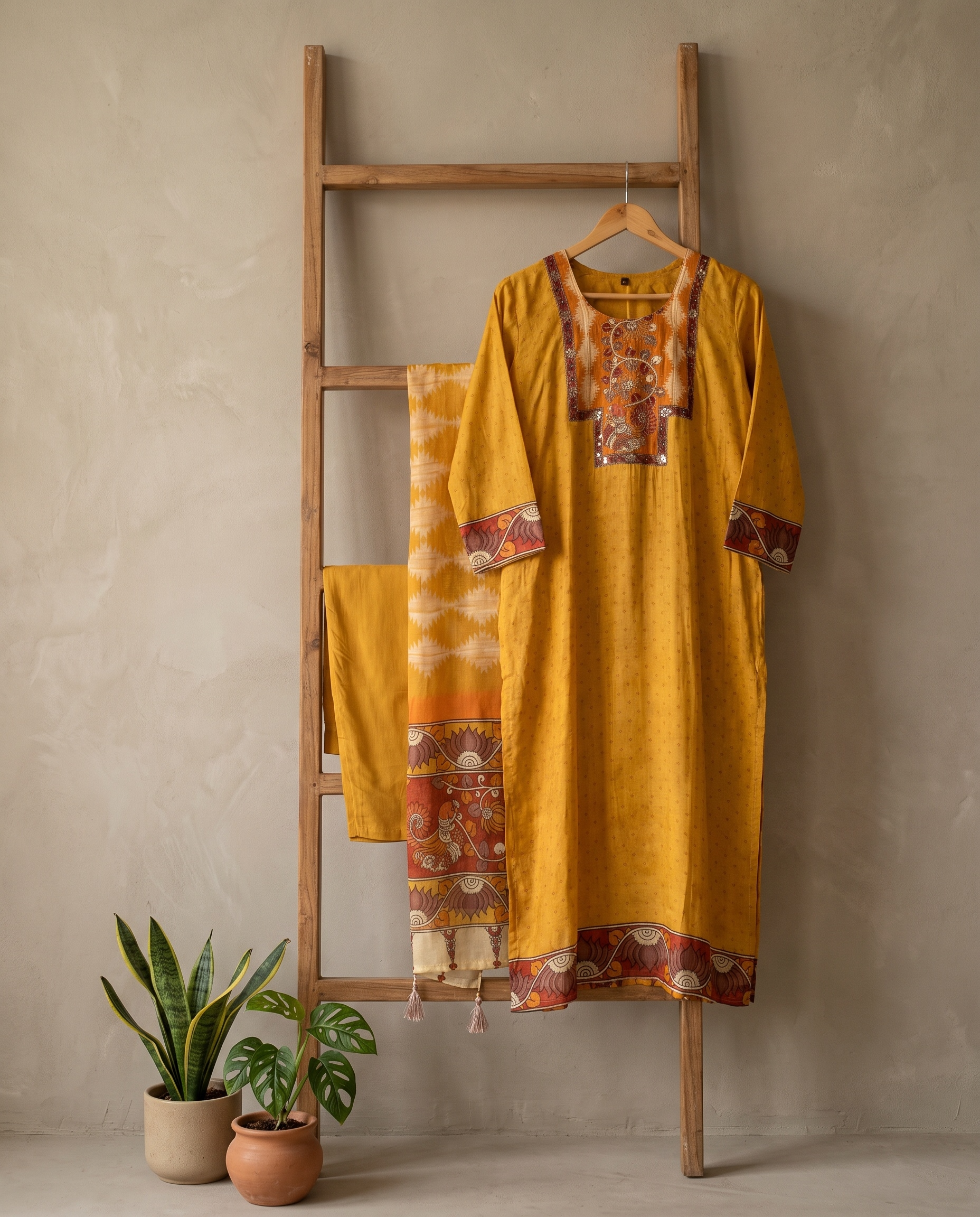 Kesarika Russian Silk Embroidered Mustard 3-Piece Set (Devri – D.No 2032)