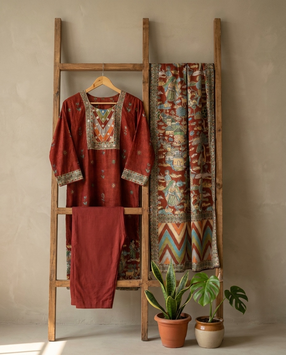 Gulnaar Russian Silk Printed Rust 3-Piece Set (Devri – D.No 2028)