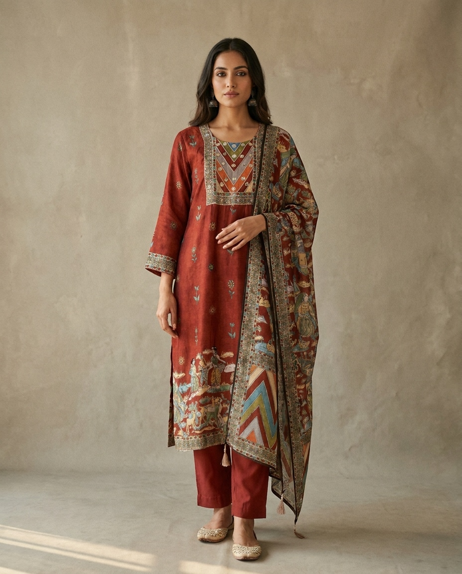 Gulnaar Russian Silk Printed Rust 3-Piece Set (Devri – D.No 2028)