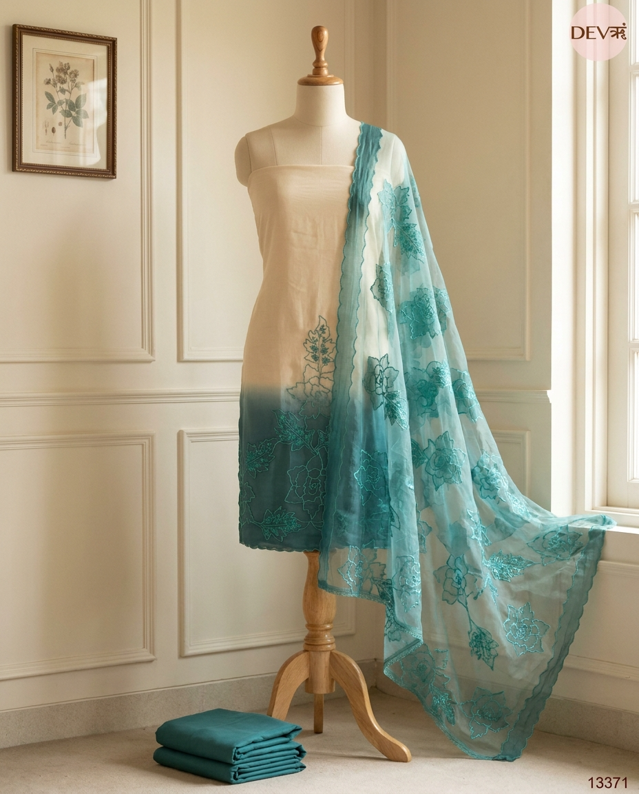 Cream Mul Chanderi Embroidered Unstitched 3-Piece Suit (Devri – D.No 13371)