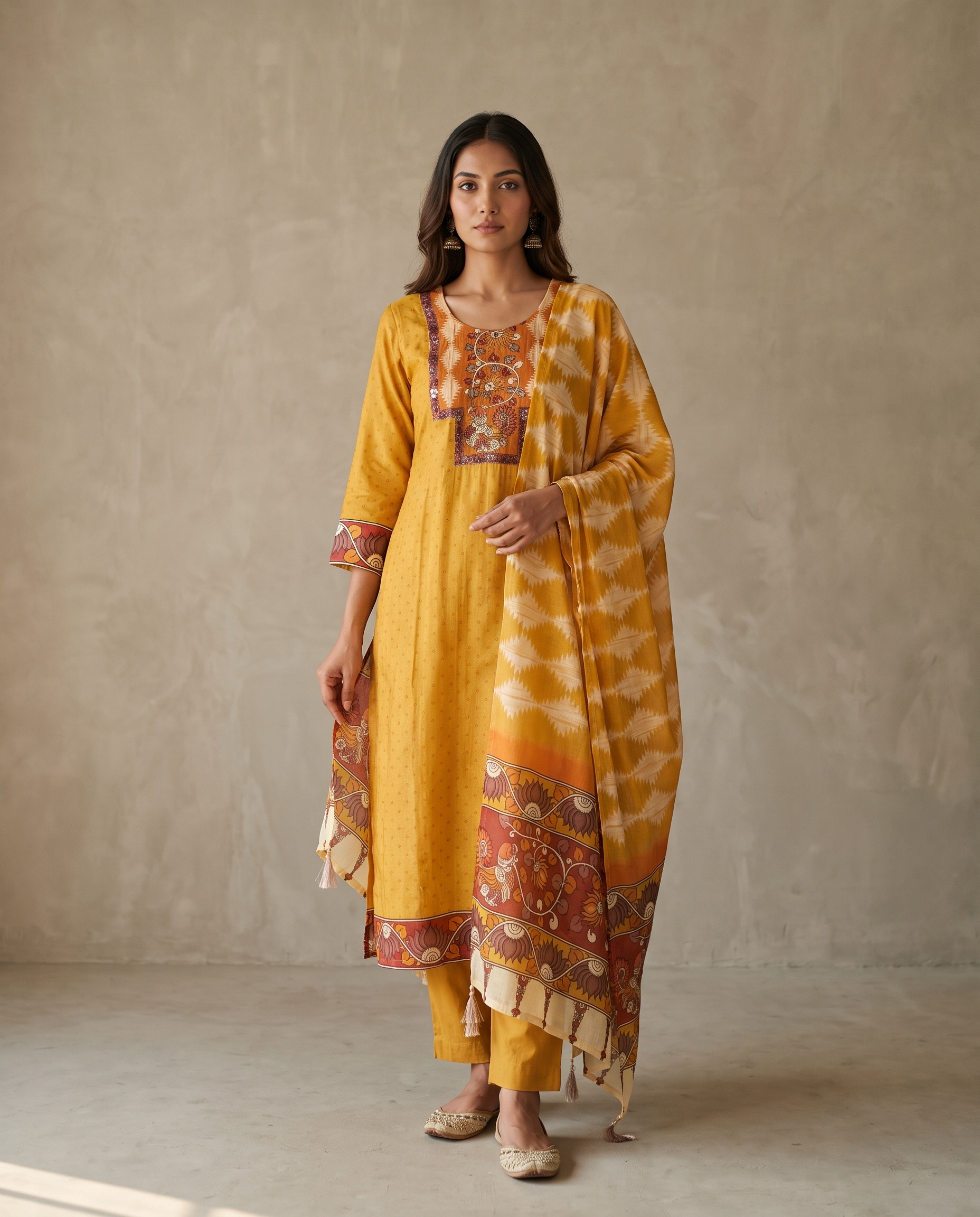 Kesarika Russian Silk Embroidered Mustard 3-Piece Set (Devri – D.No 2032)