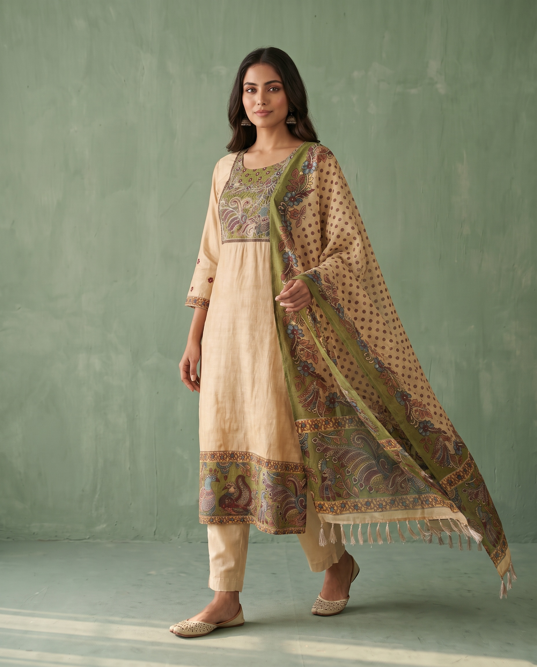 Vinyasa Pure Russian Silk Printed Beige 3-Piece Set (Devri – D.No 2030)