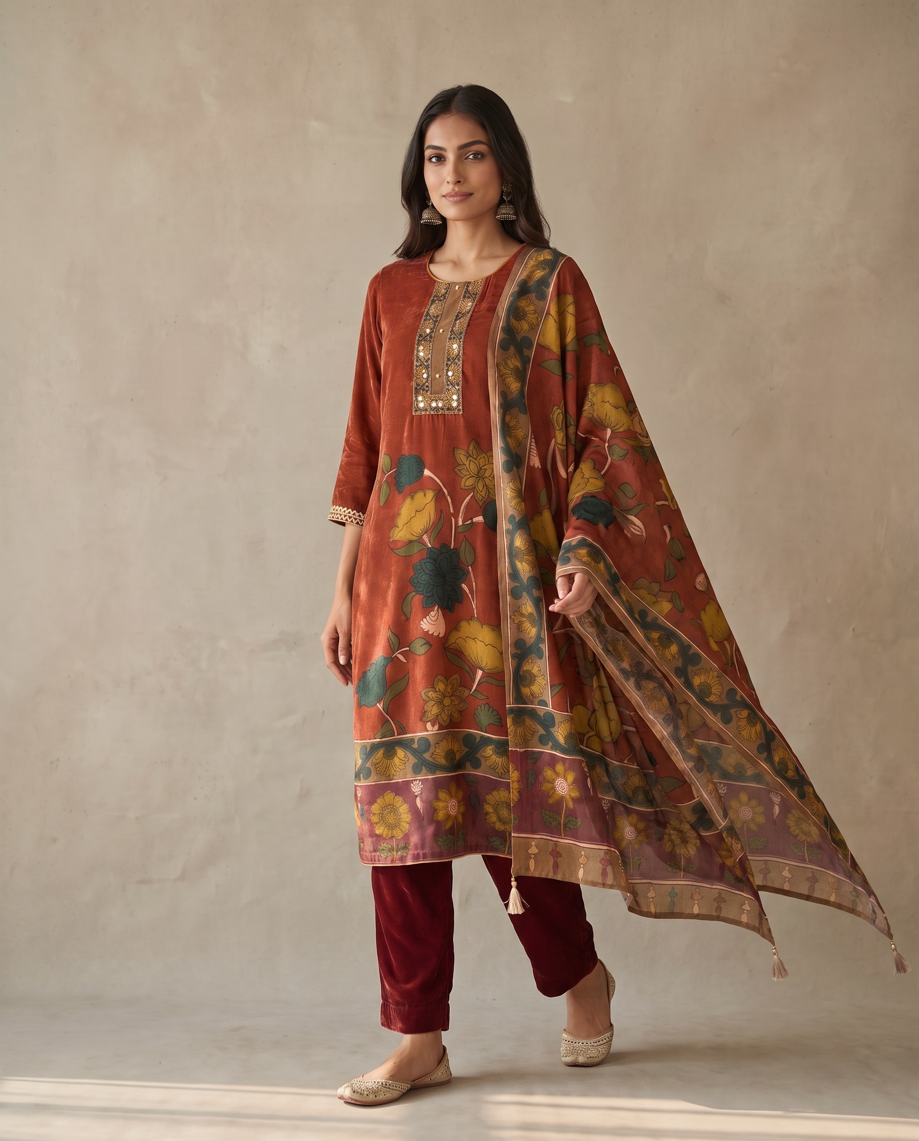 Devanshi Rust Muslin Silk Embroidered 3-Piece Set - {1075}