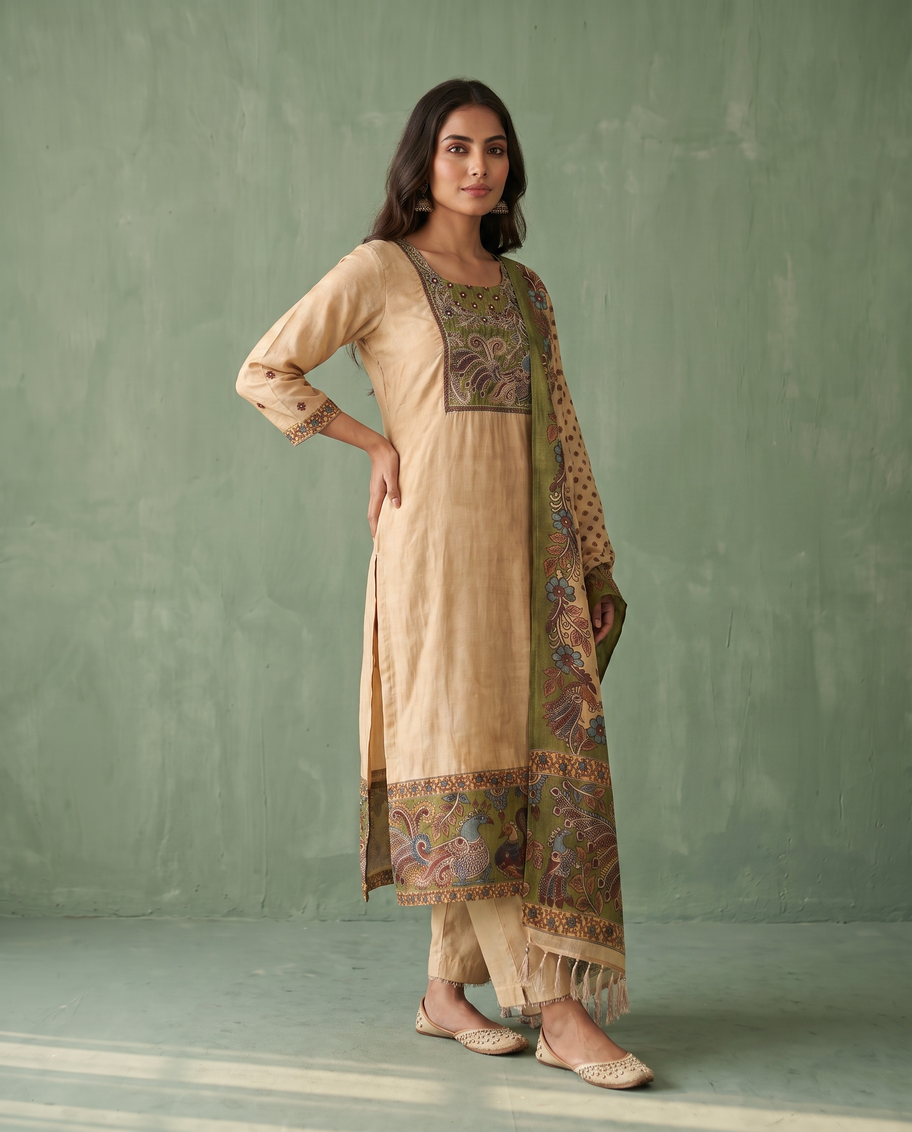 Vinyasa Pure Russian Silk Printed Beige 3-Piece Set (Devri – D.No 2030)