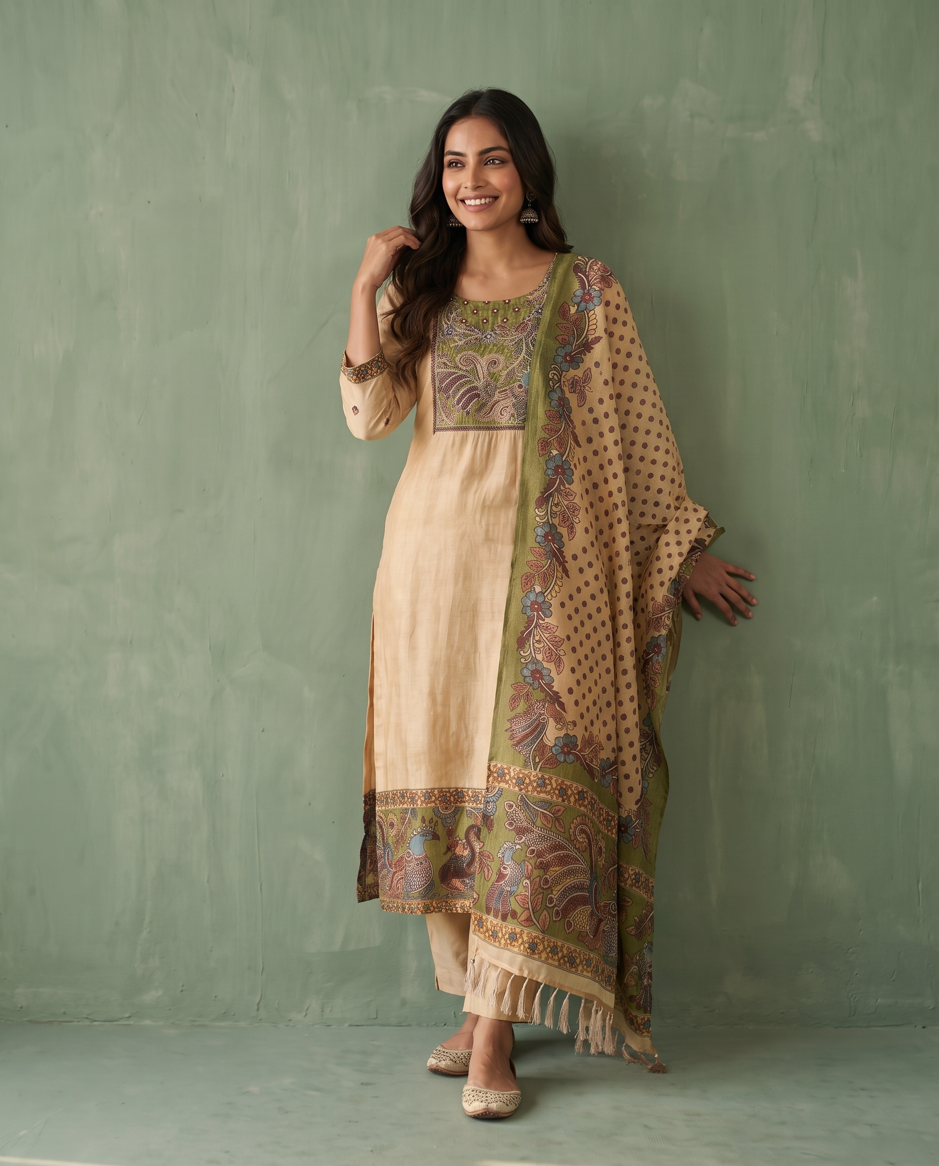Vinyasa Pure Russian Silk Printed Beige 3-Piece Set (Devri – D.No 2030)