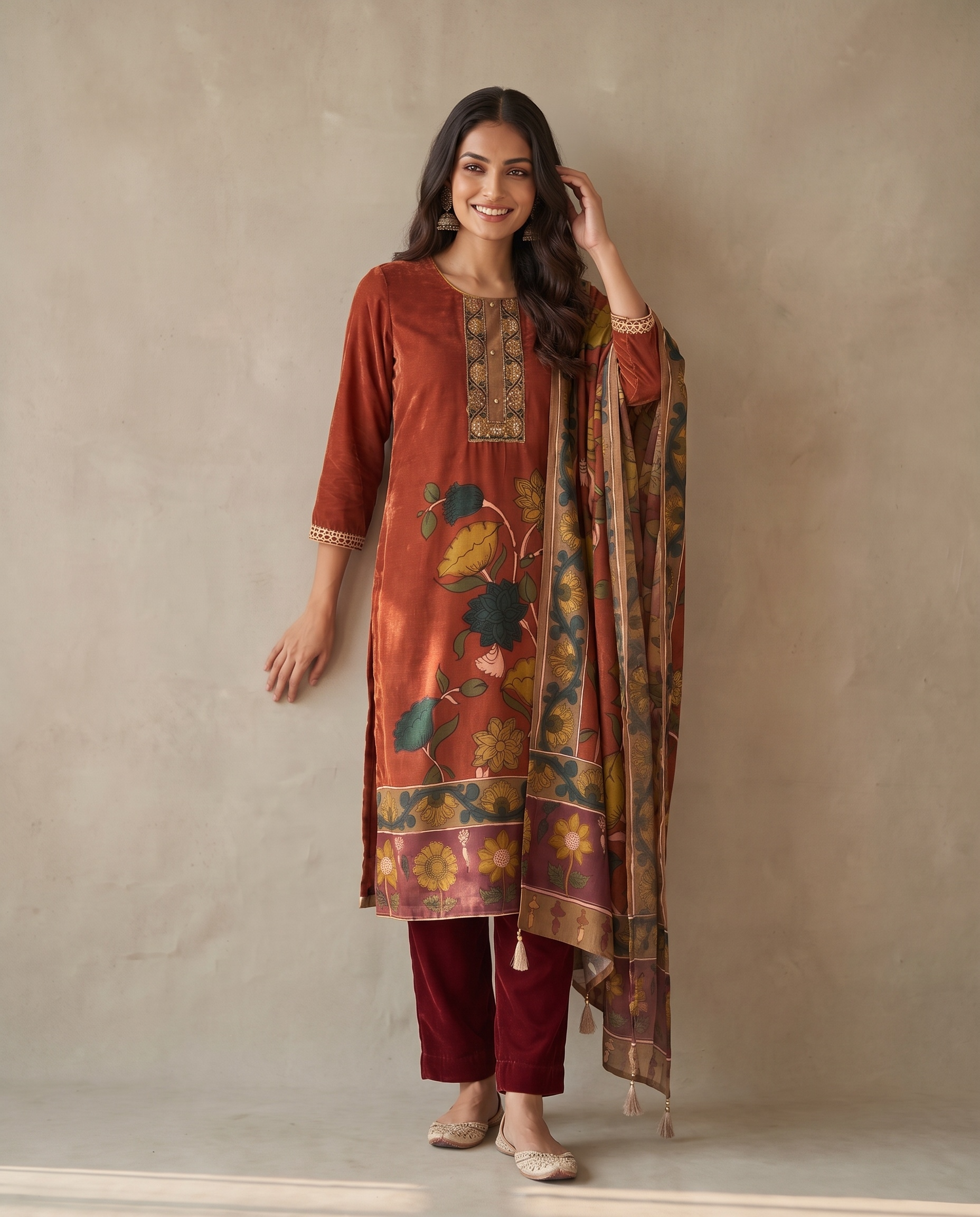 Devanshi Rust Muslin Silk Embroidered 3-Piece Set - {1075}