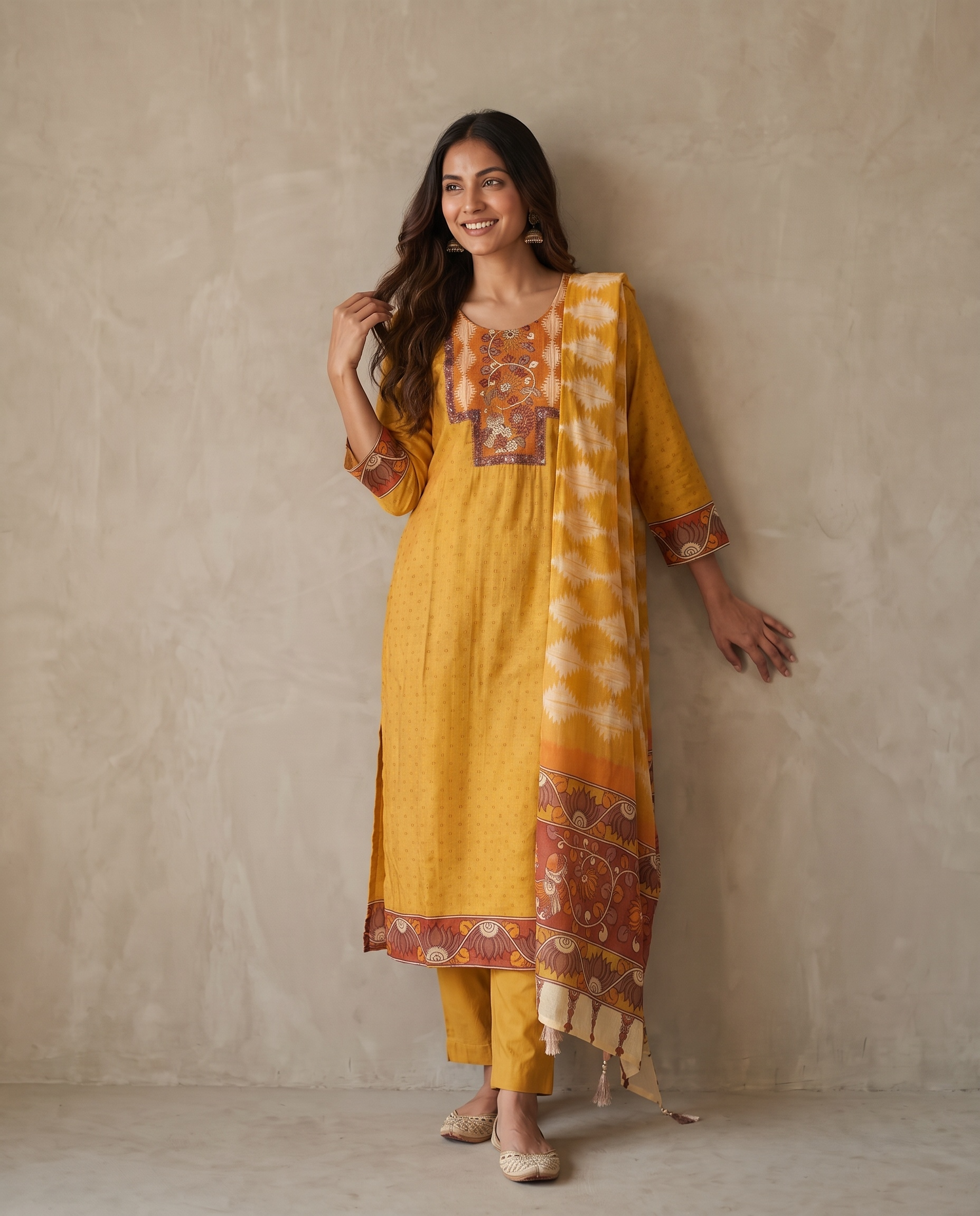 Kesarika Russian Silk Embroidered Mustard 3-Piece Set (Devri – D.No 2032)