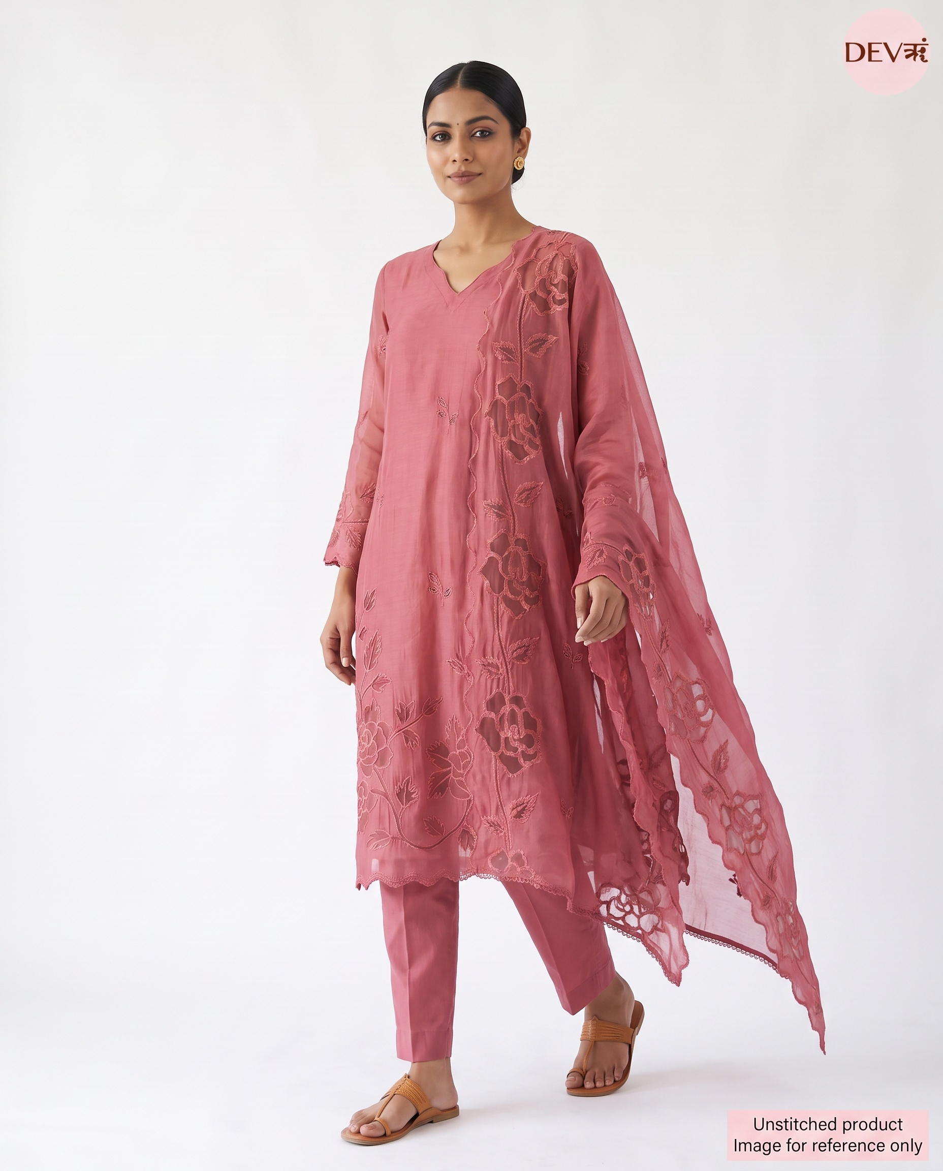 Pink Mul Chanderi Embroidered Unstitched 3-Piece Suit (Devri – D.No 13437)