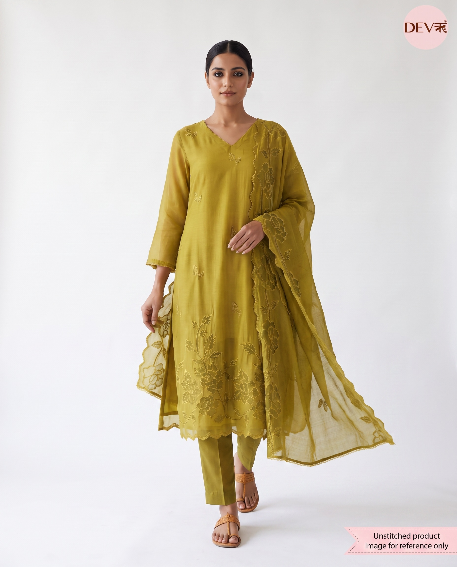 Olive Mul Chanderi Embroidered Unstitched 3-Piece Suit (Devri – D.No 13438)