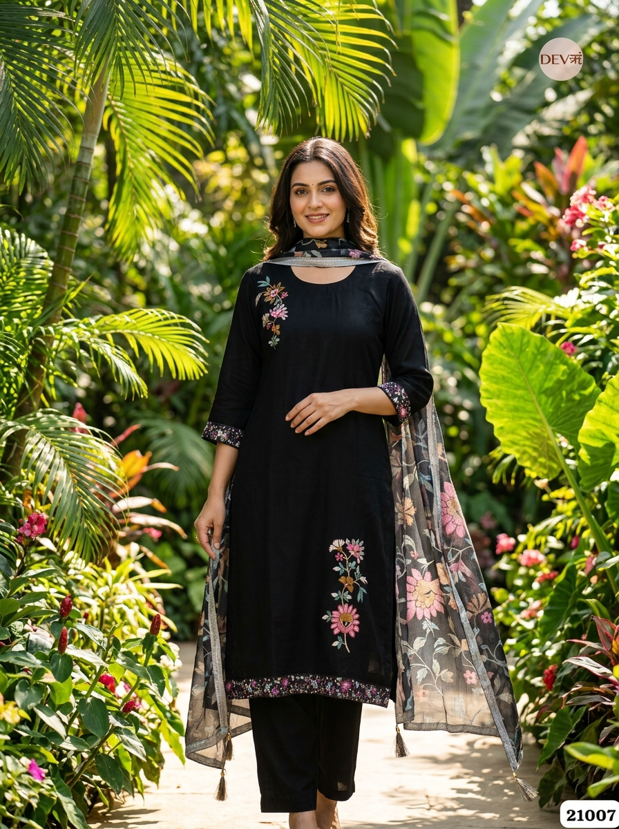 Kavyanjali Cotton Embroidered Black 3-Piece Set (Devri – D.No 21007)