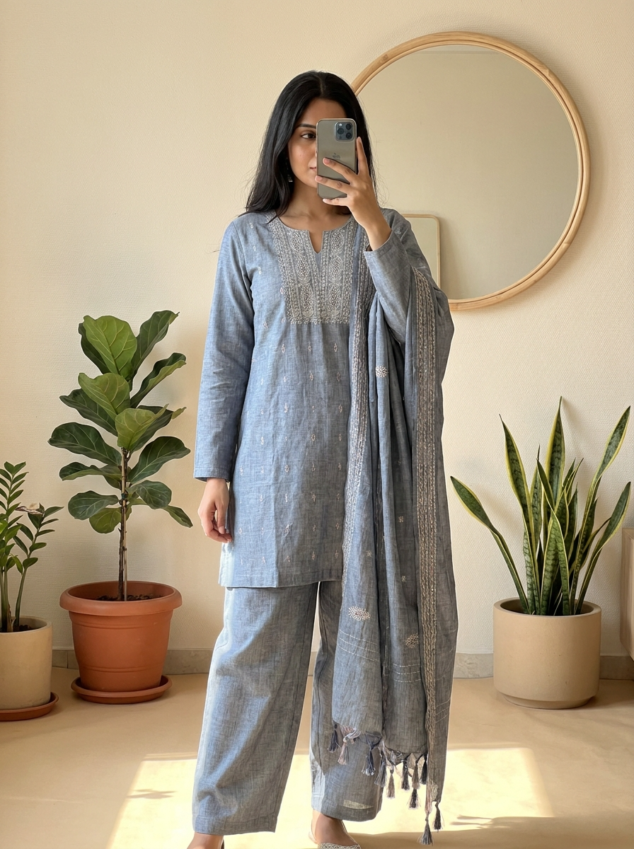 Grey Cotton Handloom Embroidered Unstitched 3-Piece Suit (Devri – D.No 12950)