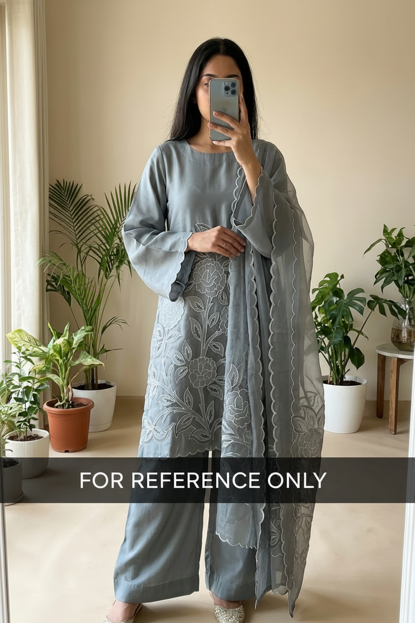 Grey Roman Silk Embroidered Unstitched 3-Piece Suit (Devri – D.No 13001)
