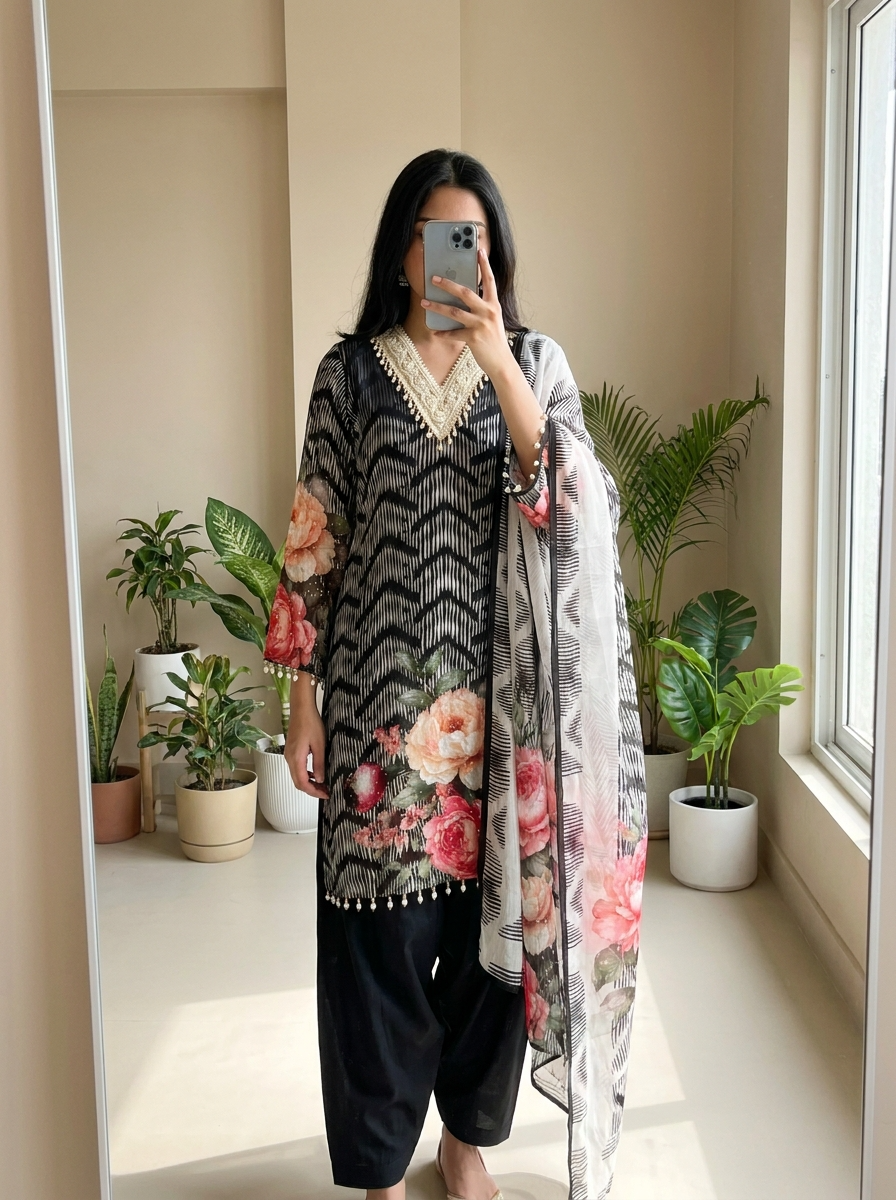 Black and White Organza Floral Embroidered Unstitched 3-Piece Suit (Devri – D.No 12660)