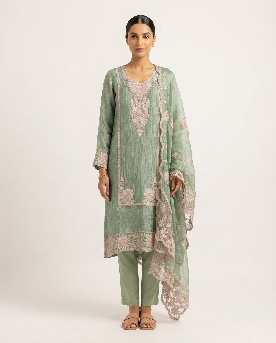Green Tissue Crush Silk Embroidered Unstitched 3-Piece Suit (Devri – D.No 13523)