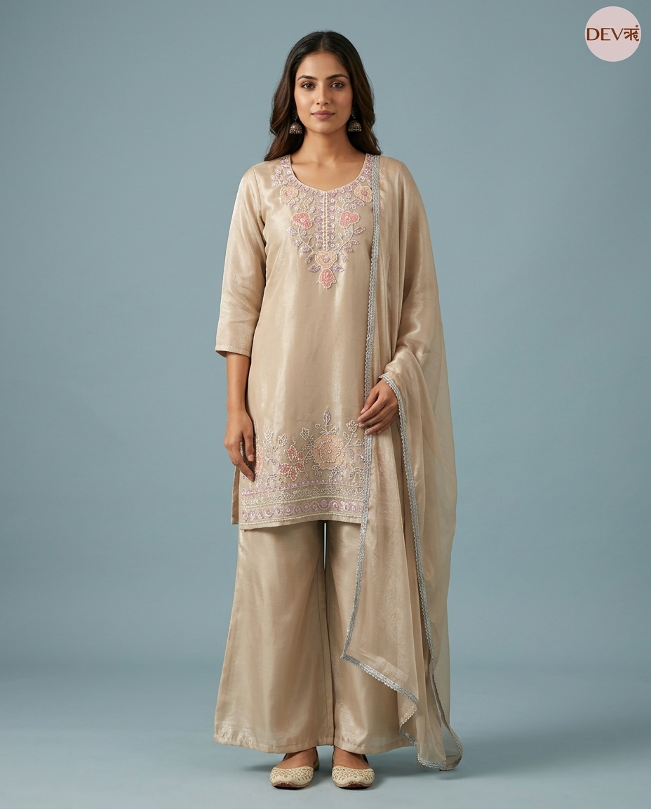 Gulnaar Roman Glass Silk Embroidered Beige 3-Piece Set (Devri – D.No 13539)
