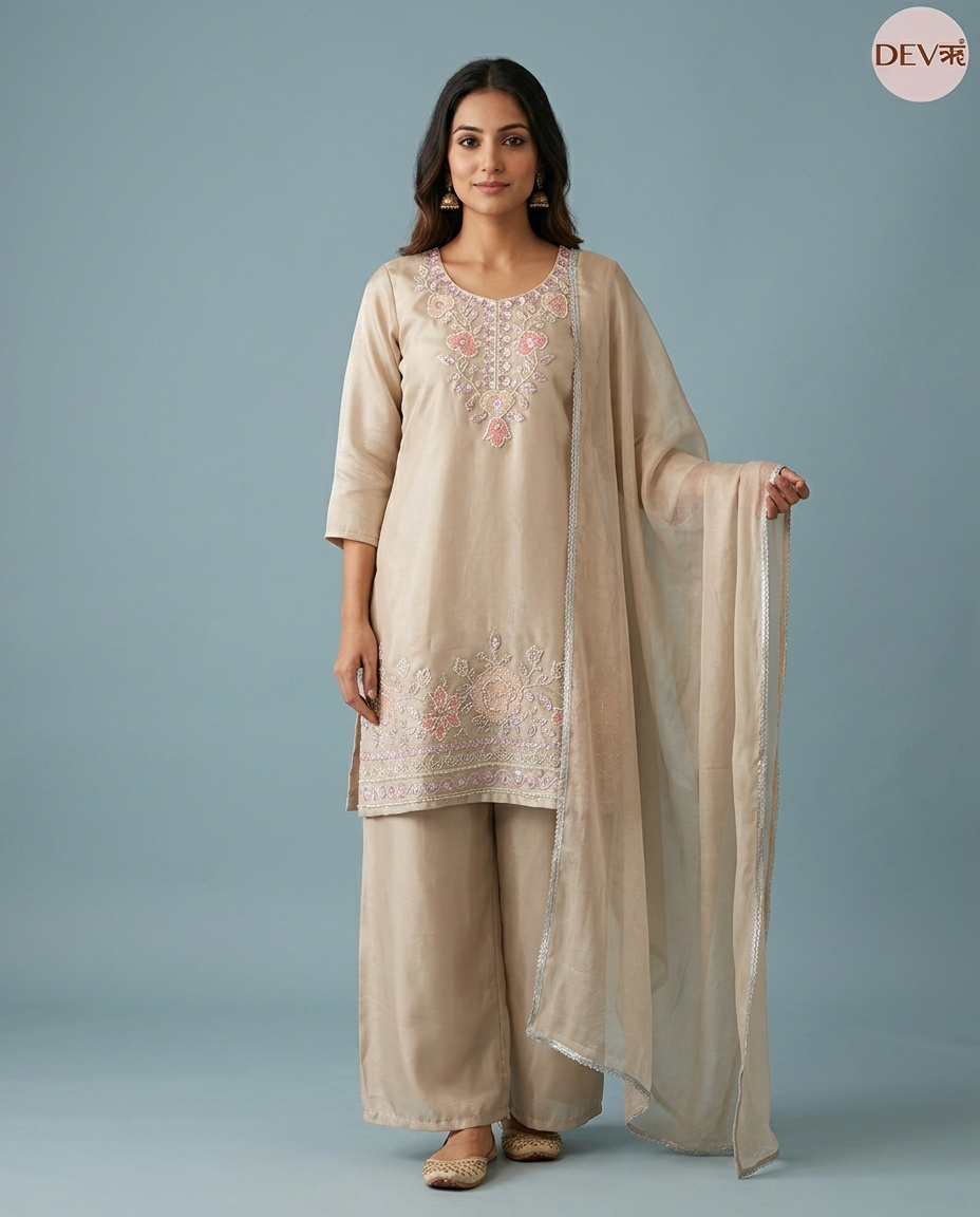 Gulnaar Roman Glass Silk Embroidered Beige 3-Piece Set (Devri – D.No 13539)