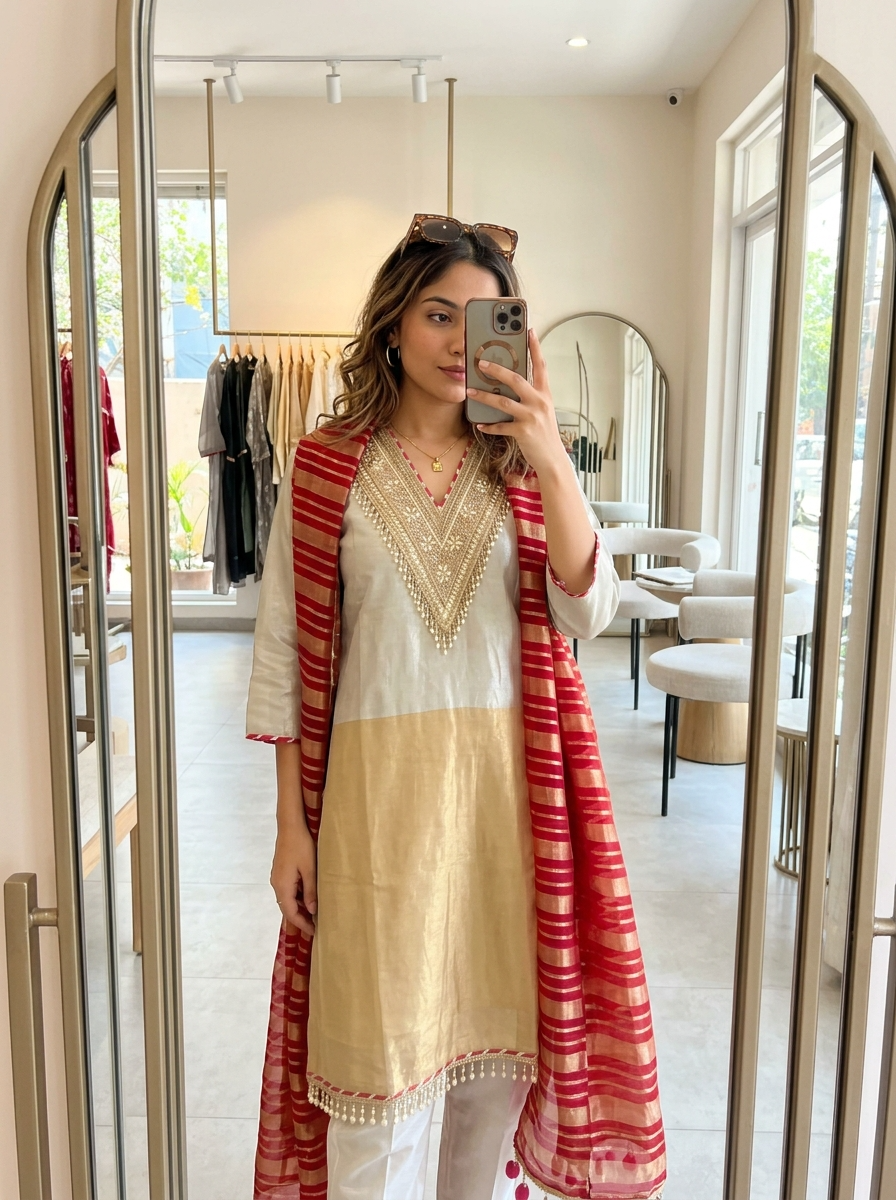 Gulnaar Tissue Silk Embroidered Ivory 3-Piece Set (Devri – D.No 21026)