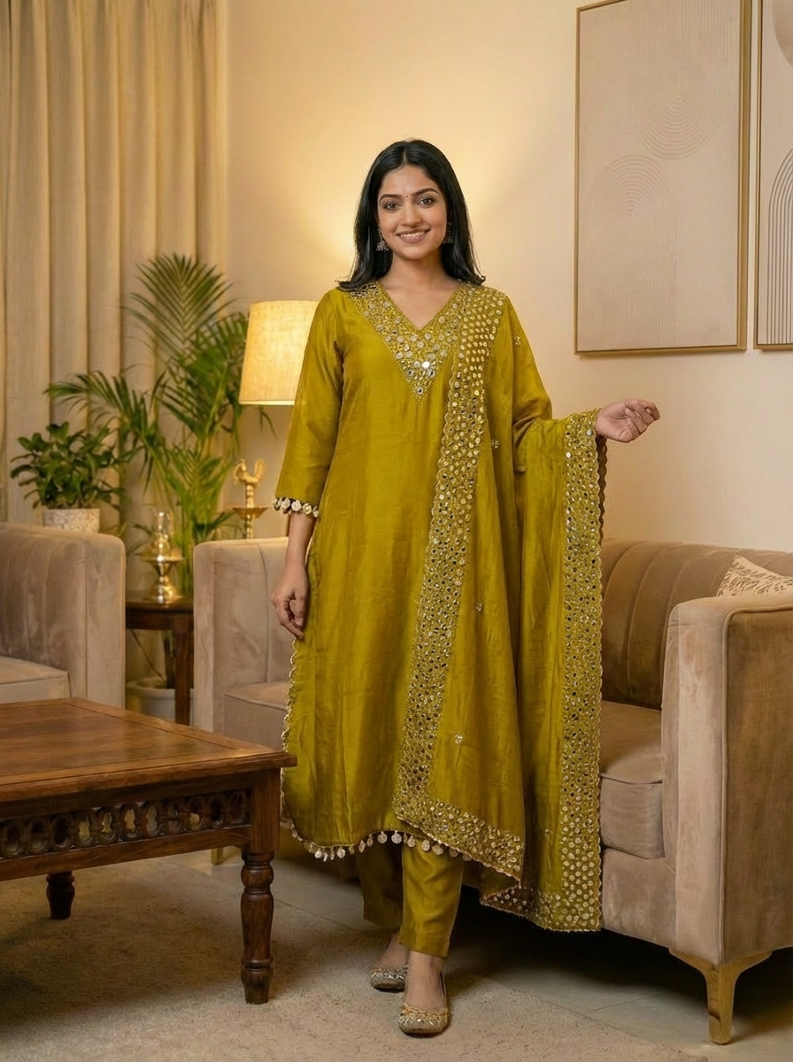 Zarmin Crepe Embroidered Mustard 3-Piece Set (Devri – D.No 21028)