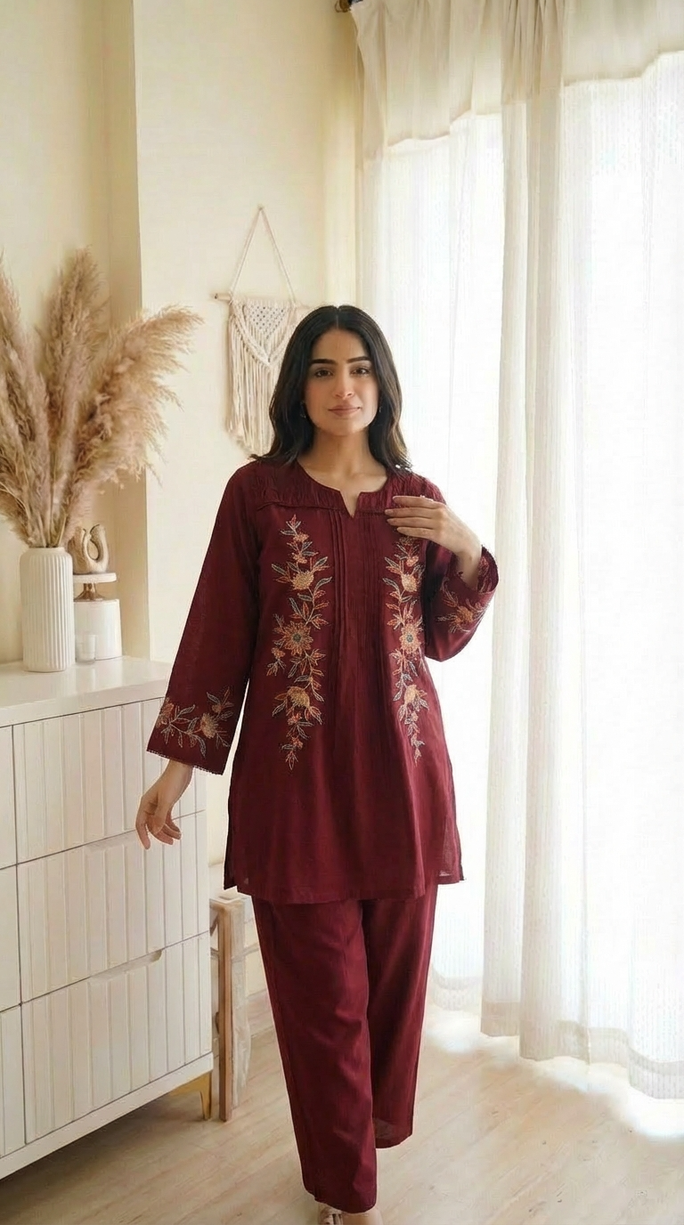 Ishani Cotton Embroidered Maroon 2-Piece Set (Devri – D.No 21004)