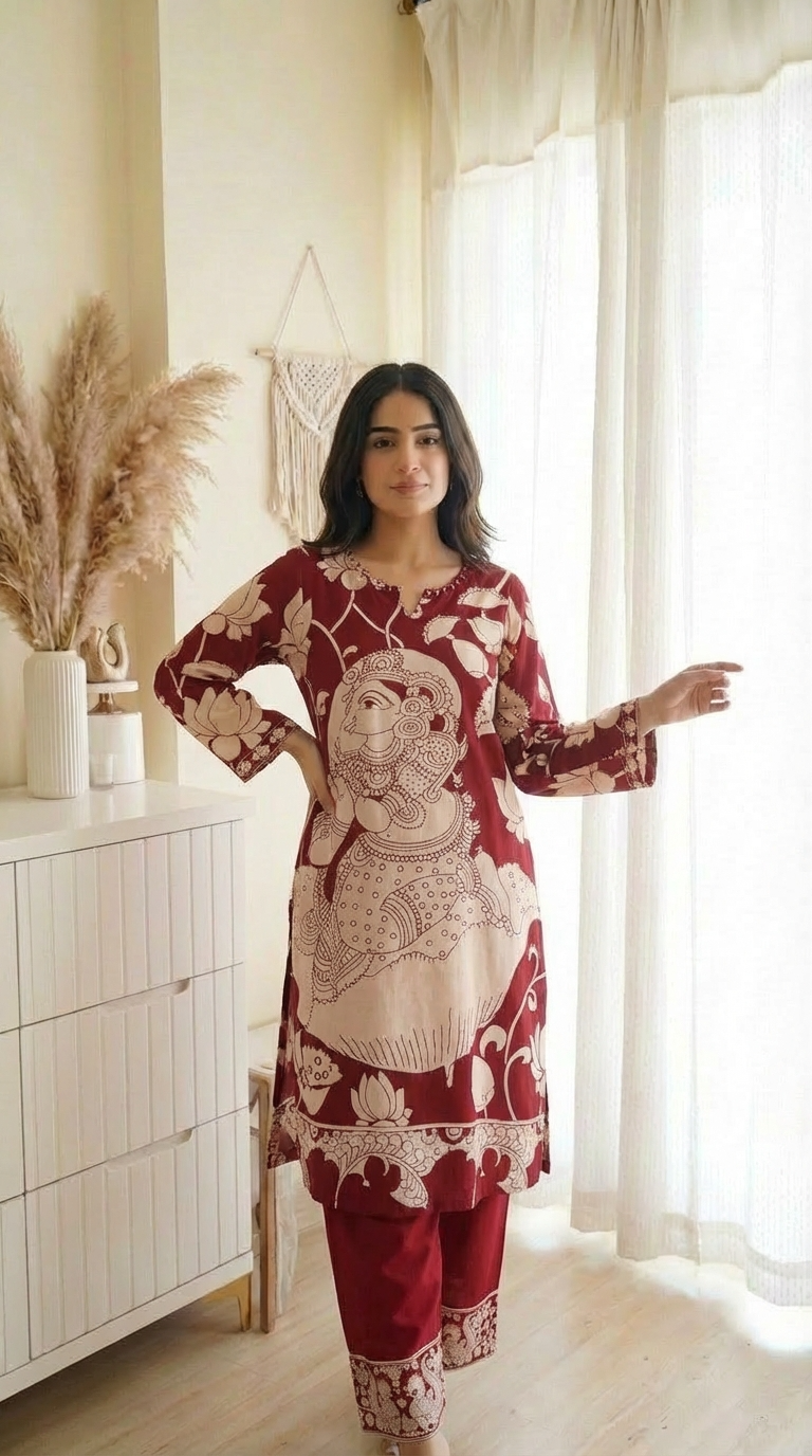 Charvi German Reyon Printed Maroon & Cream 2-Piece Set (Devri – D.No 20092)